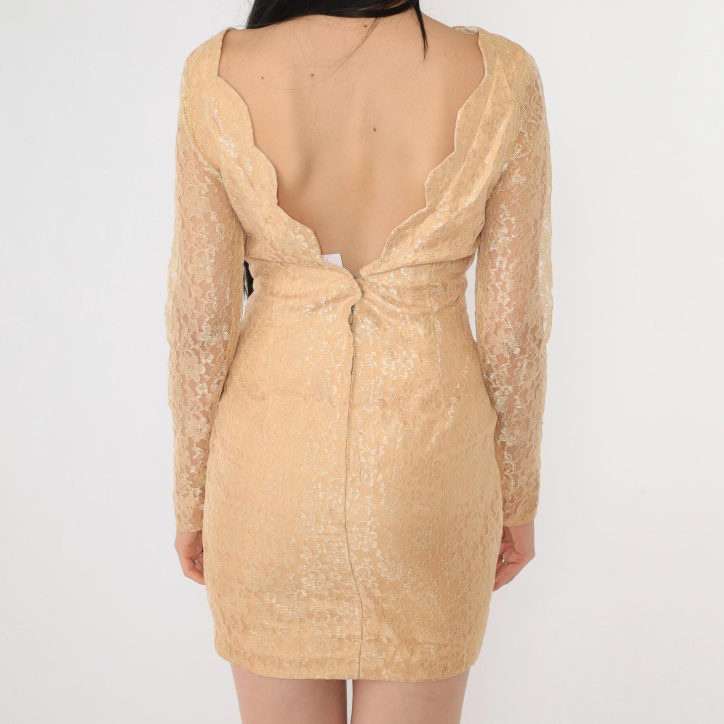1960s Gold Lace Mini Dress Scalloped Open Back Sheer Sleeves Extra Small