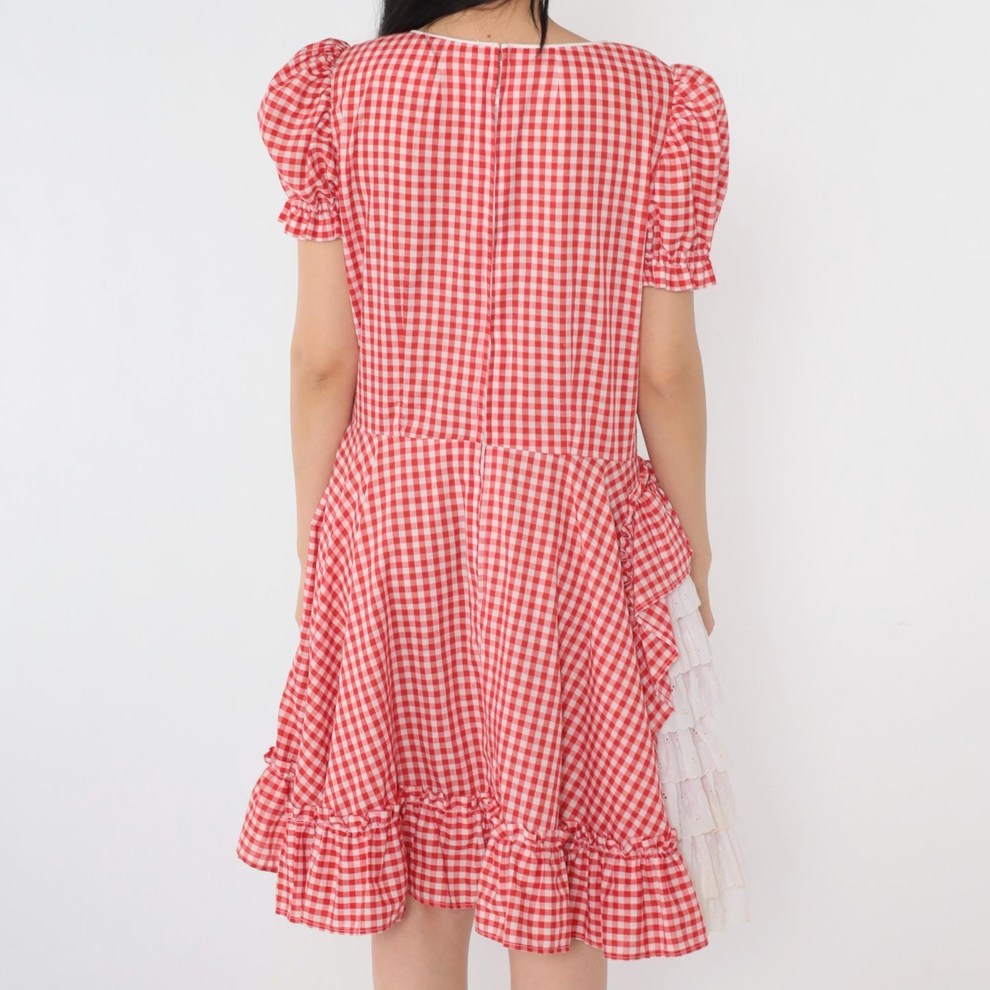 80s Red Gingham Square Dance Dress Puff Sleeve Eyelet Lace Midi Medium