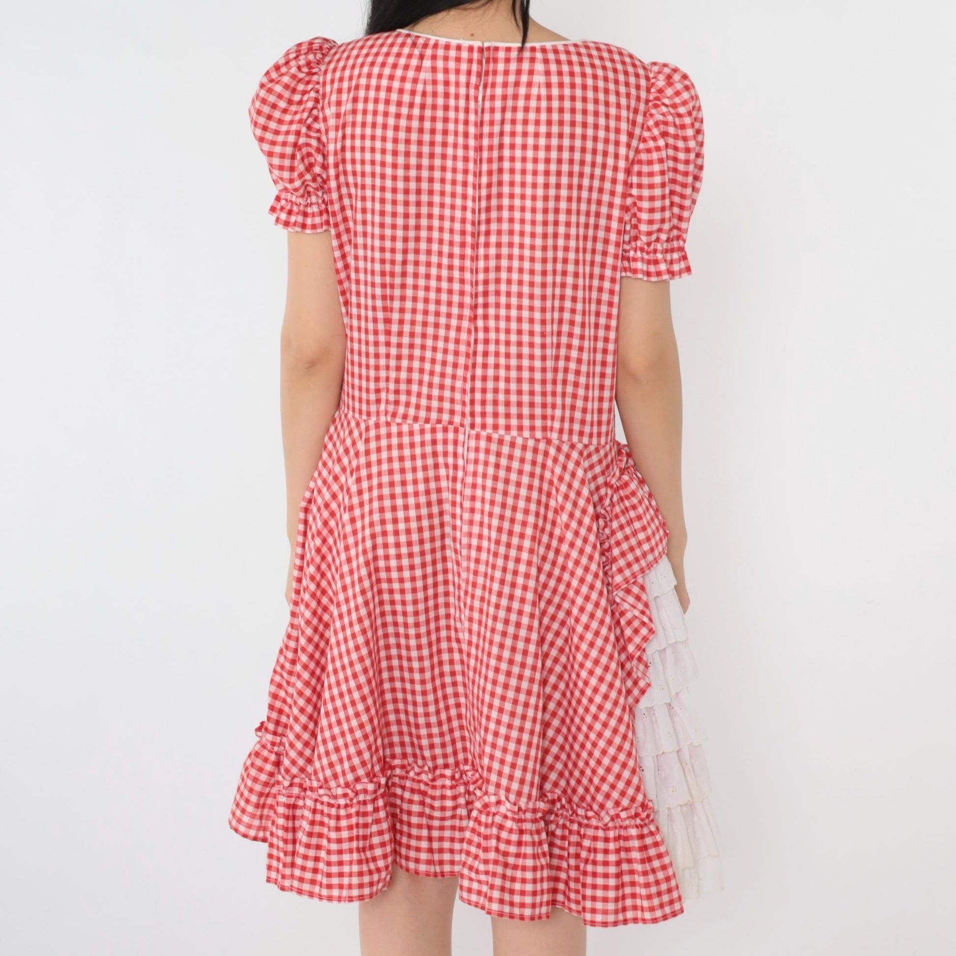 80s Red Gingham Square Dance Dress Puff Sleeve Eyelet Lace Midi Medium