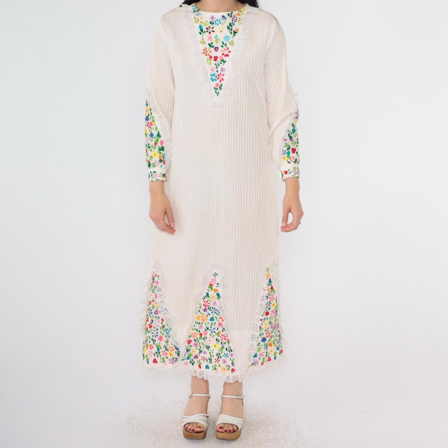1970s Mexican Floral Embroidered Midi Dress Rainbow Lace Trim Shift Medium M