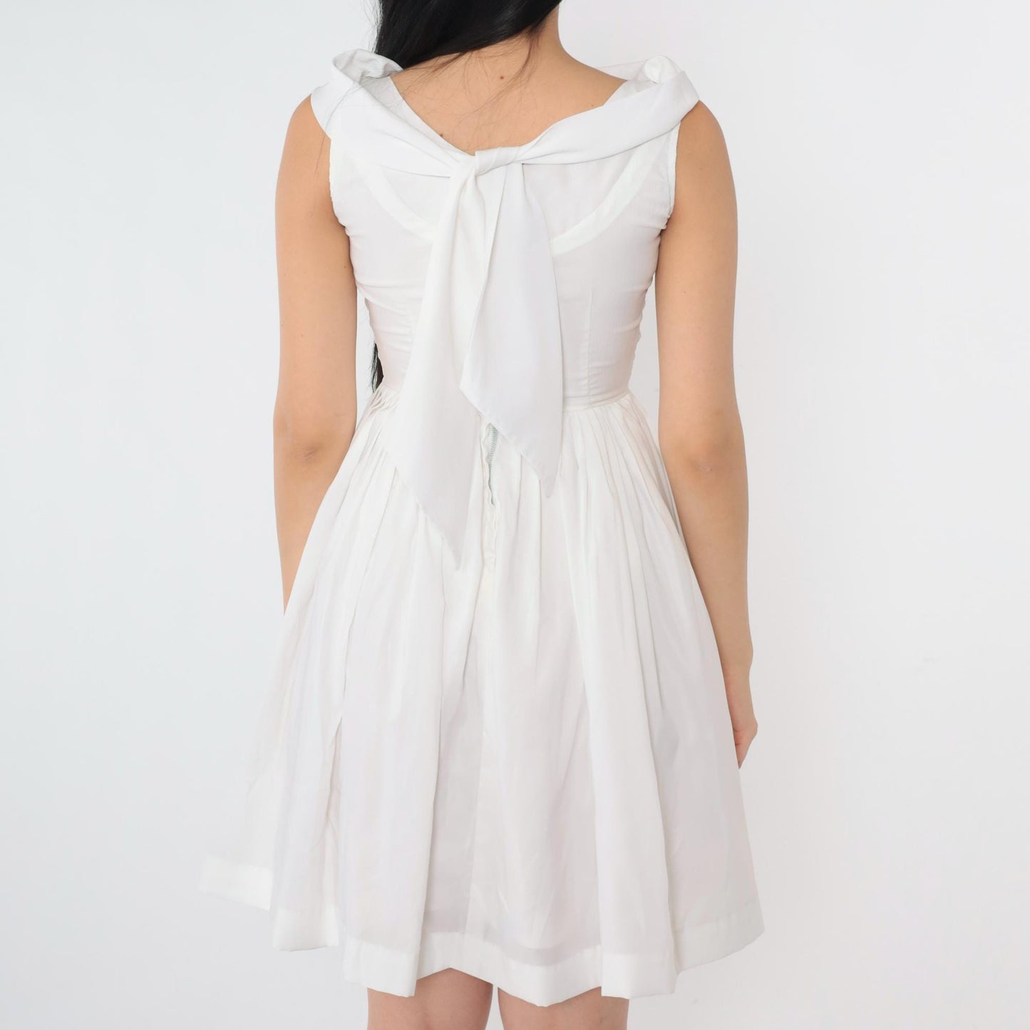 60s White Pleated Mini Dress High Waist Tie Back Skater Sleeveless Extra Small