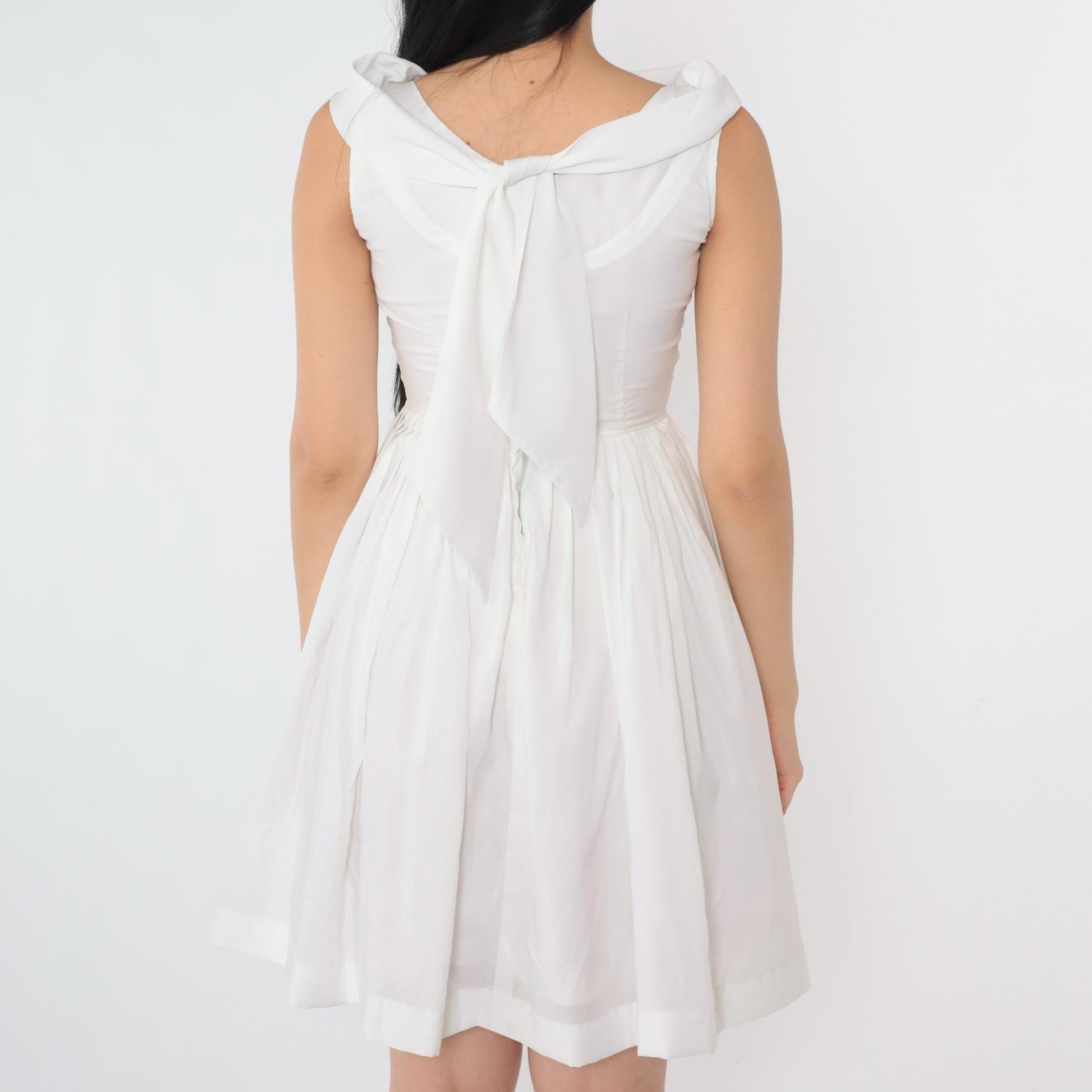 60s White Pleated Mini Dress High Waist Tie Back Skater Sleeveless Extra Small