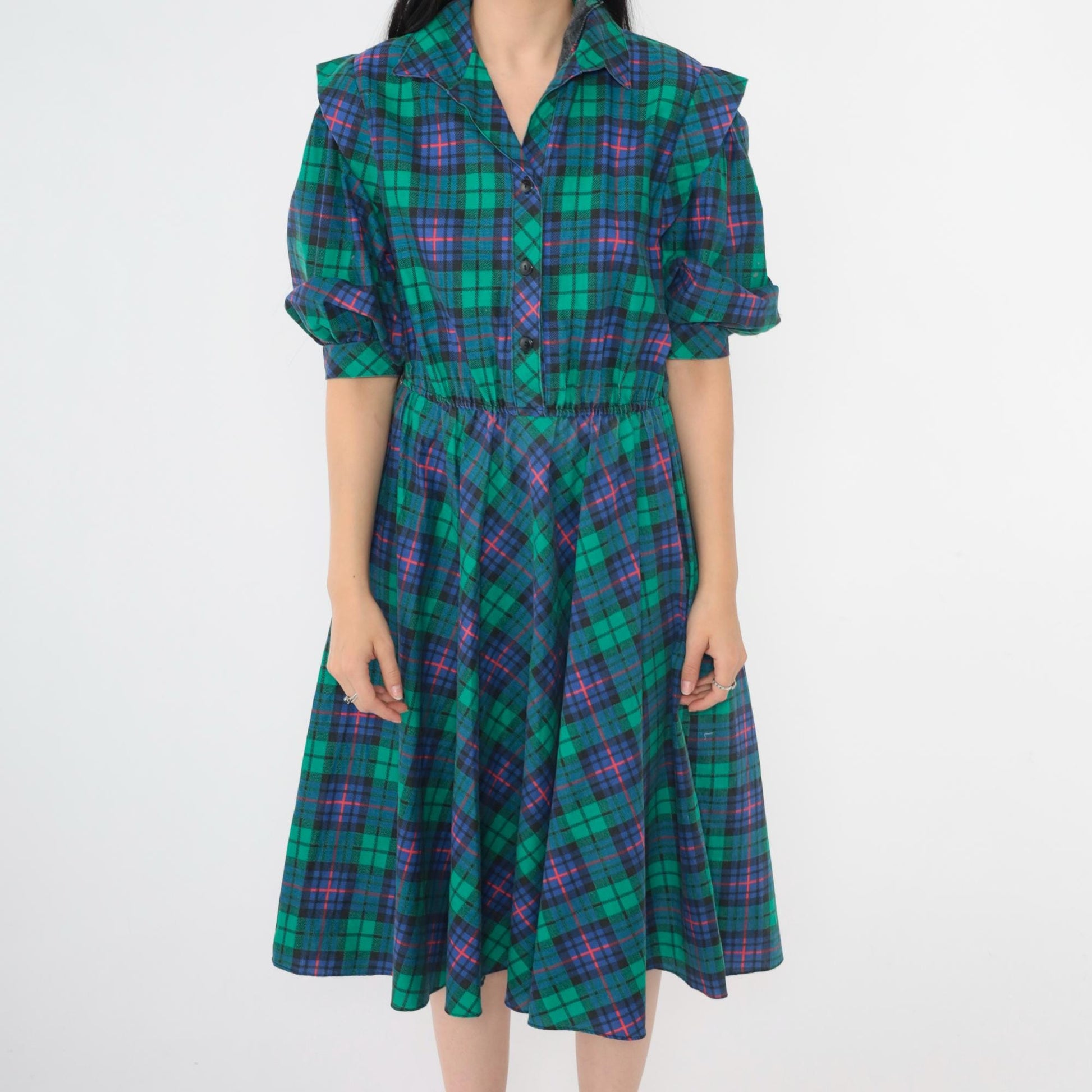 80s Blue Green Plaid Midi Shirt Dress High Waist Collared Button Up Small S