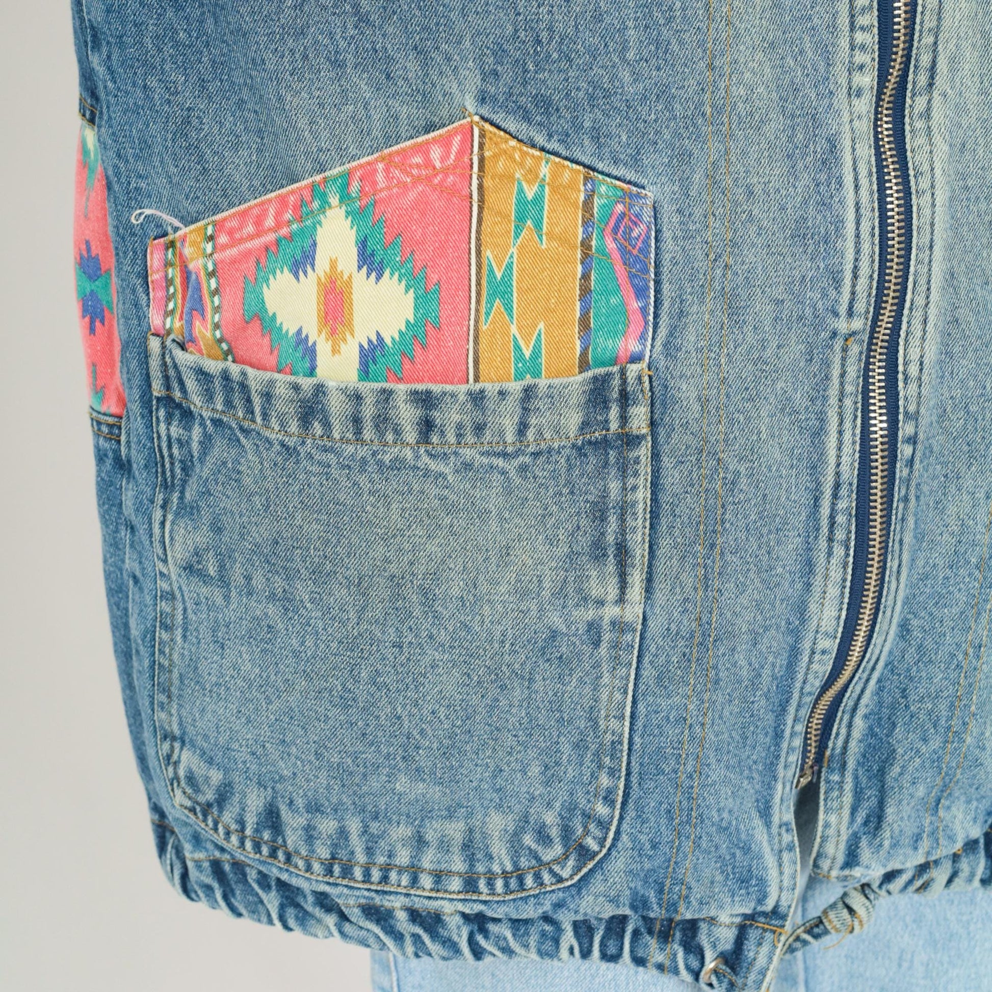 90s Southwestern Denim Jacket Blue Aztec Patch Jean Coat Medium M