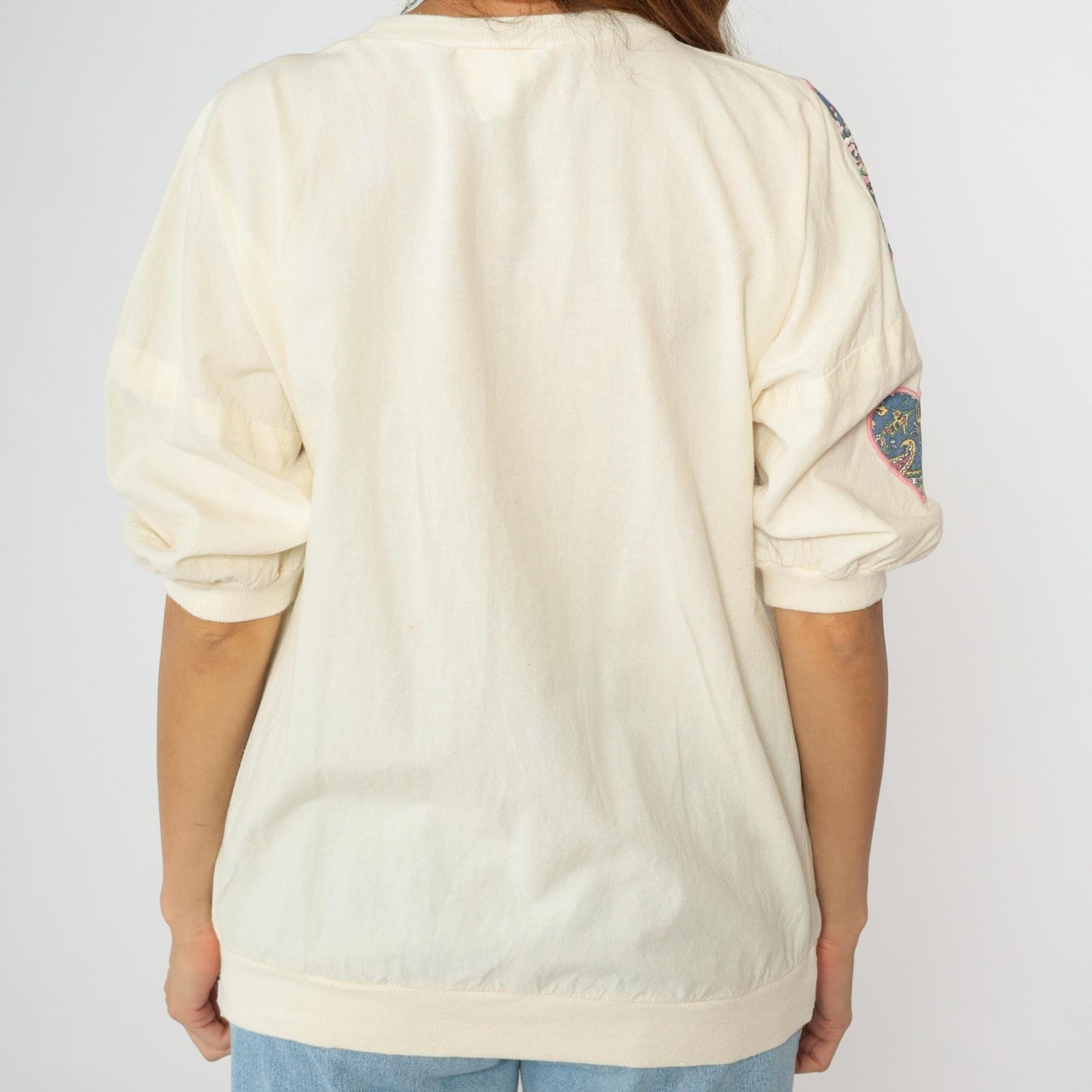 90s Cream Paisley Floral Blouse Short Sleeve Banded Hem Large L