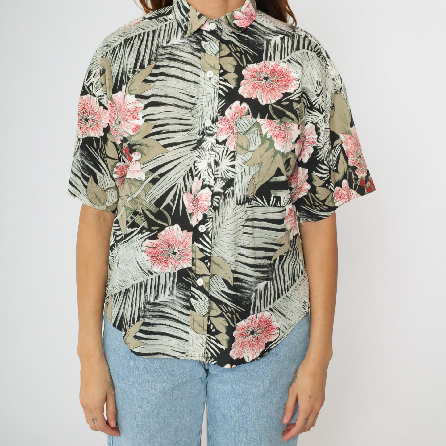 90s Tropical Floral Button Up Blouse Short Sleeve Black Grey Red Large