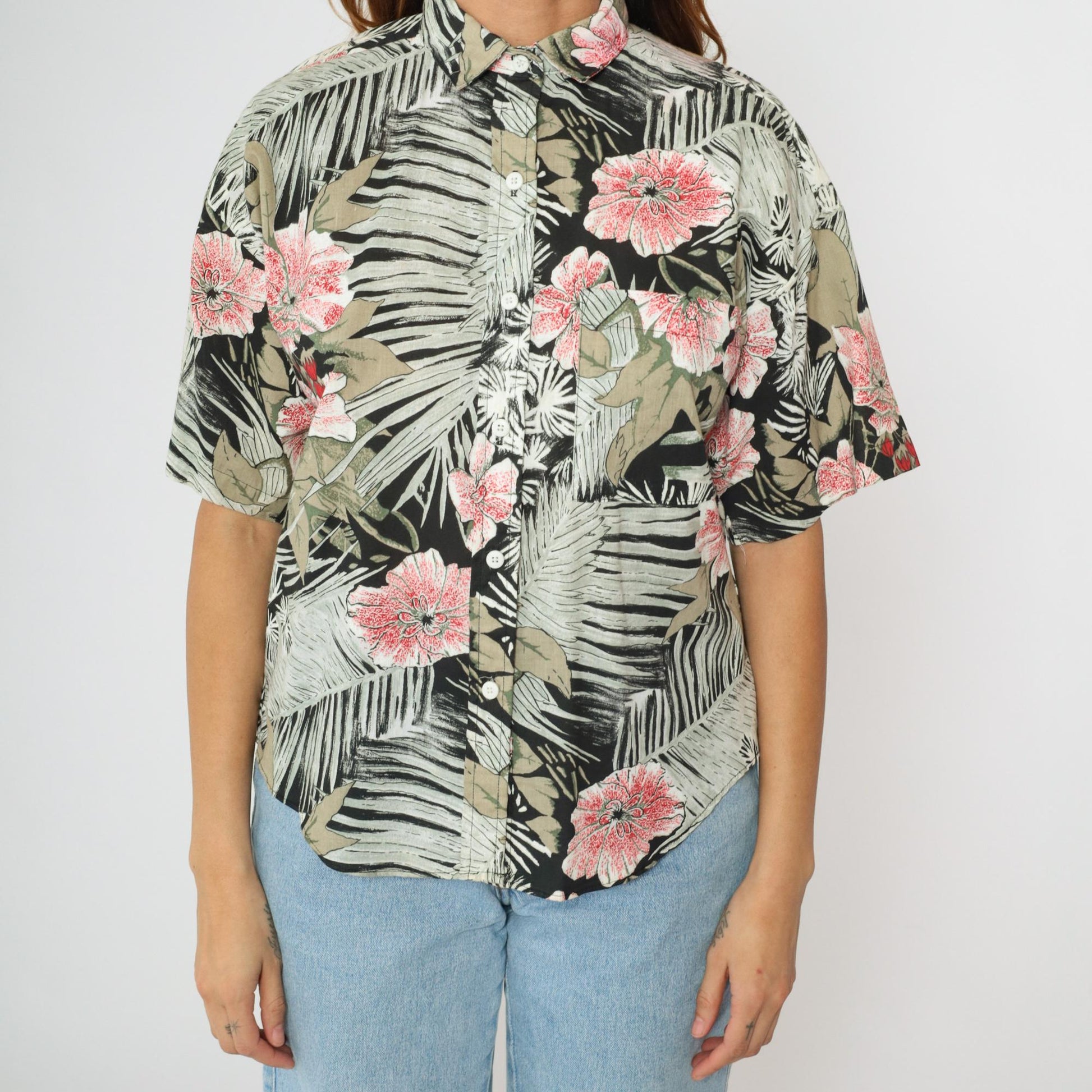 90s Tropical Floral Button Up Blouse Short Sleeve Black Grey Red Large