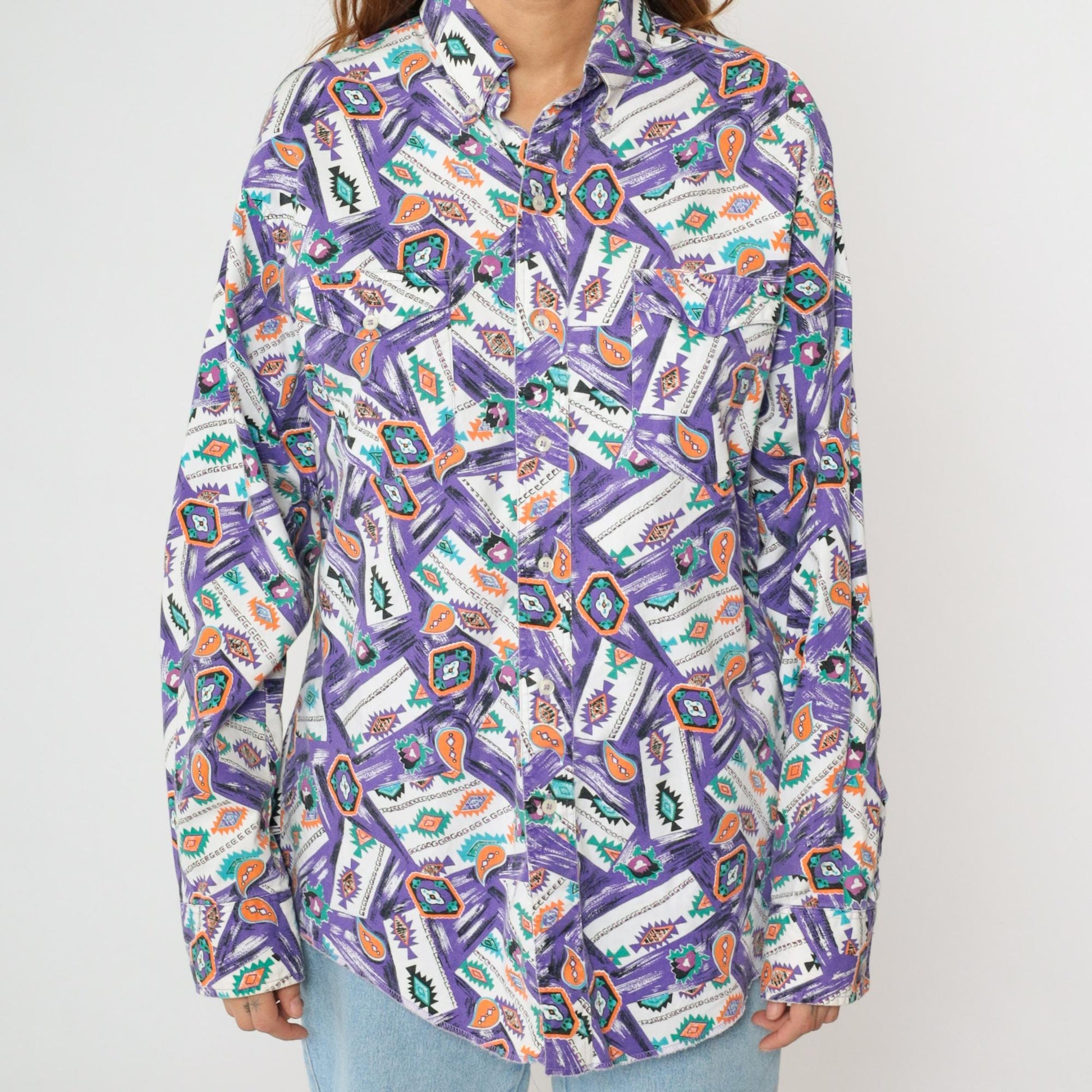 90s Wrangler Southwest Paisley Button Up Shirt Purple Men's X-Long