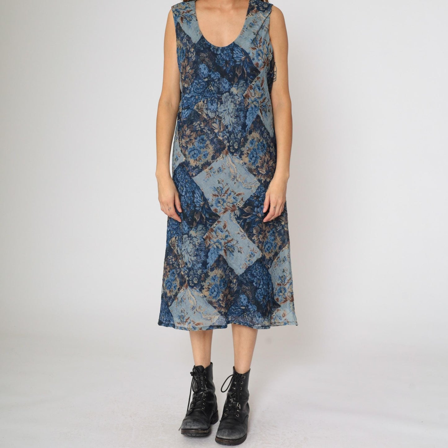 90s K Studio Patchwork Floral Midi Dress Blue Sleeveless Scoop Neck Size 18