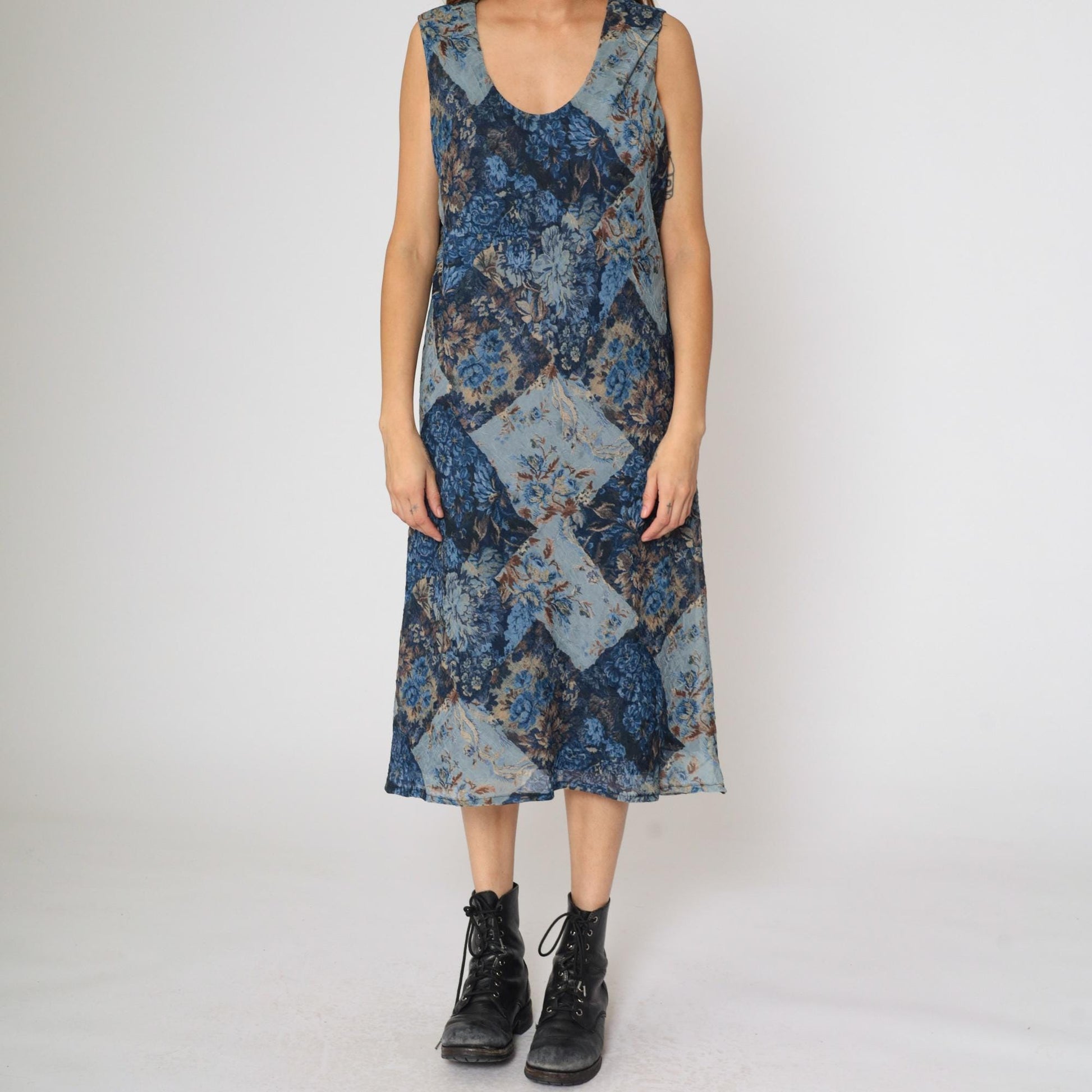 90s K Studio Patchwork Floral Midi Dress Blue Sleeveless Scoop Neck Size 18