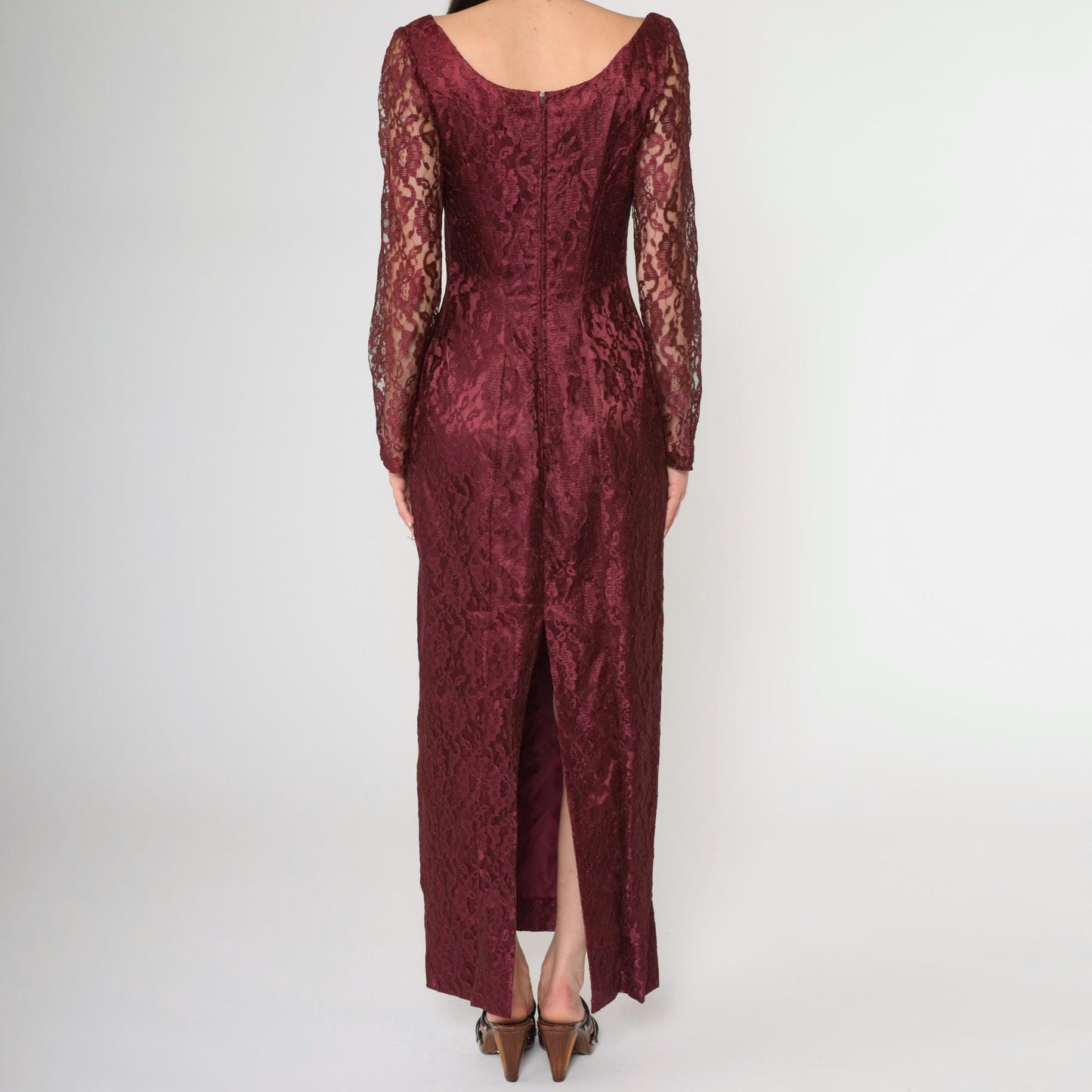90s Wine Lace Maxi Dress Sweetheart Neckline Long Sleeve Slit Small
