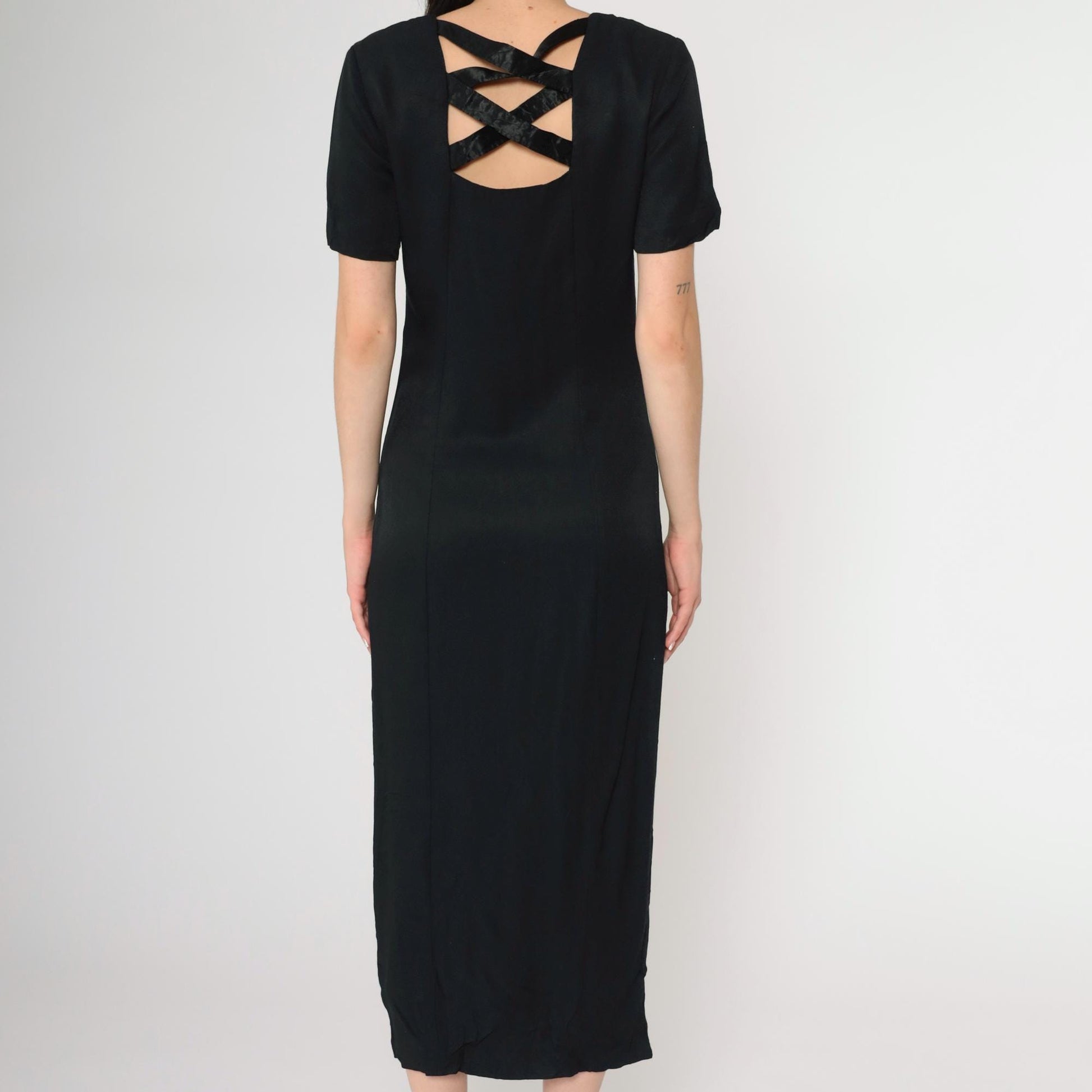 90s Betsy New York Black Midi Dress Cage Back Button Front Slit Small