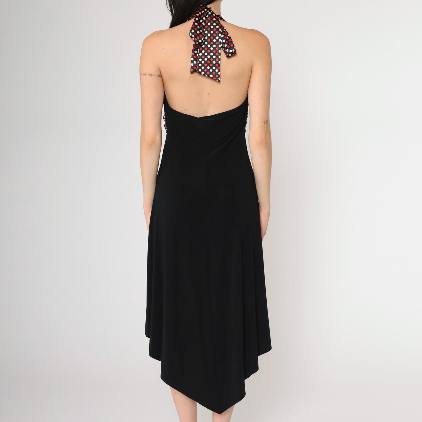 Y2K Black Halter Neck Midi Dress Polka Dot Empire Waist High Low Hem Medium