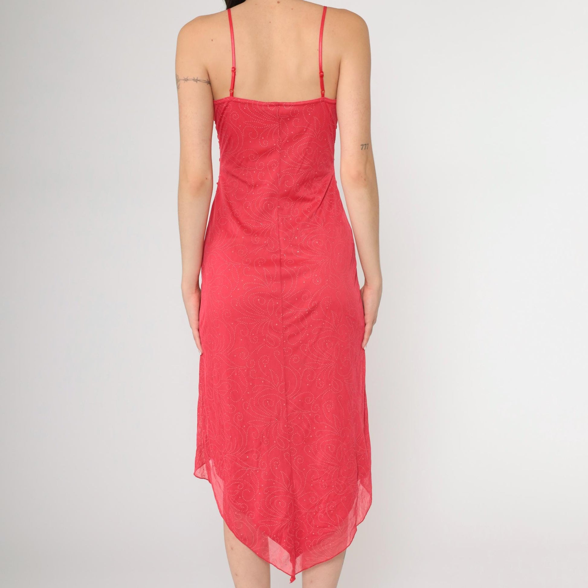Y2K Coral Glitter Dot Asymmetrical Midi Dress Spaghetti Strap Ruched Small