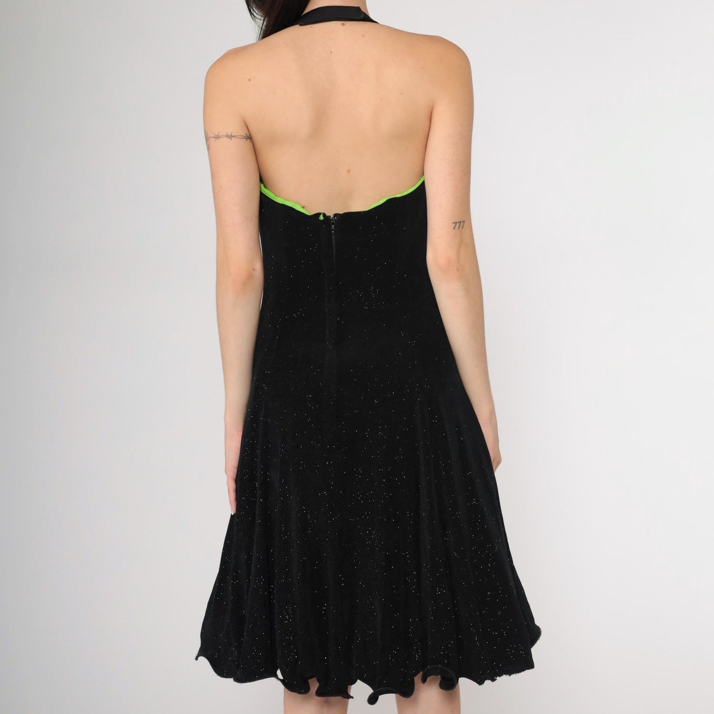 90s Black Glitter Halter Dress Lime Green Lining Knee Length Small