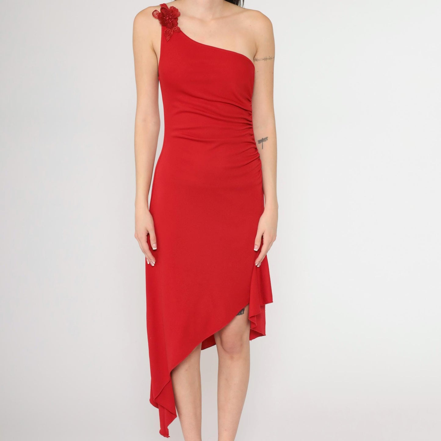 90s Red One-Shoulder Midi Dress Y2K Beaded Flower Asymmetrical Medium M
