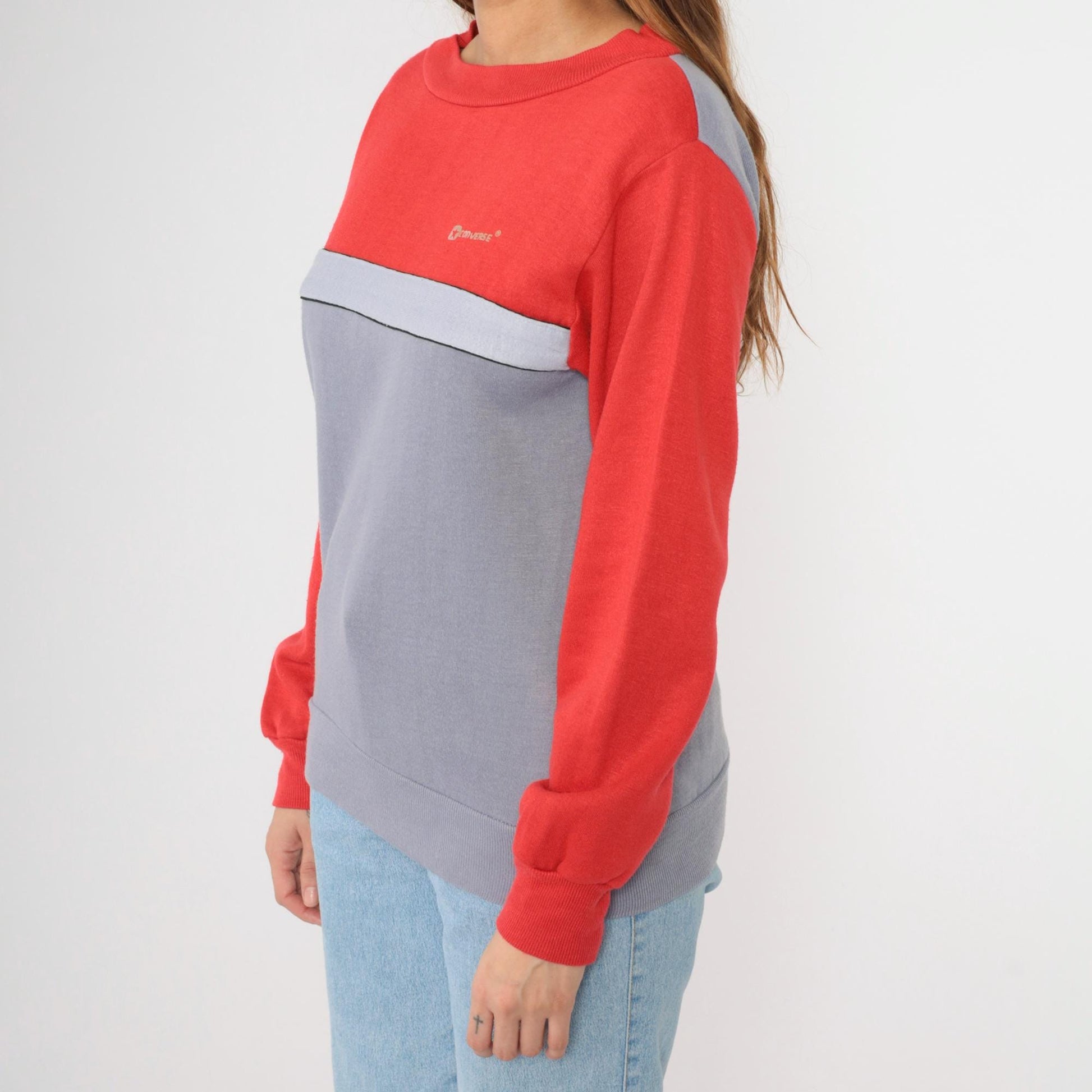80s Converse Striped Sweatshirt Red Grey Color Block Crewneck Medium