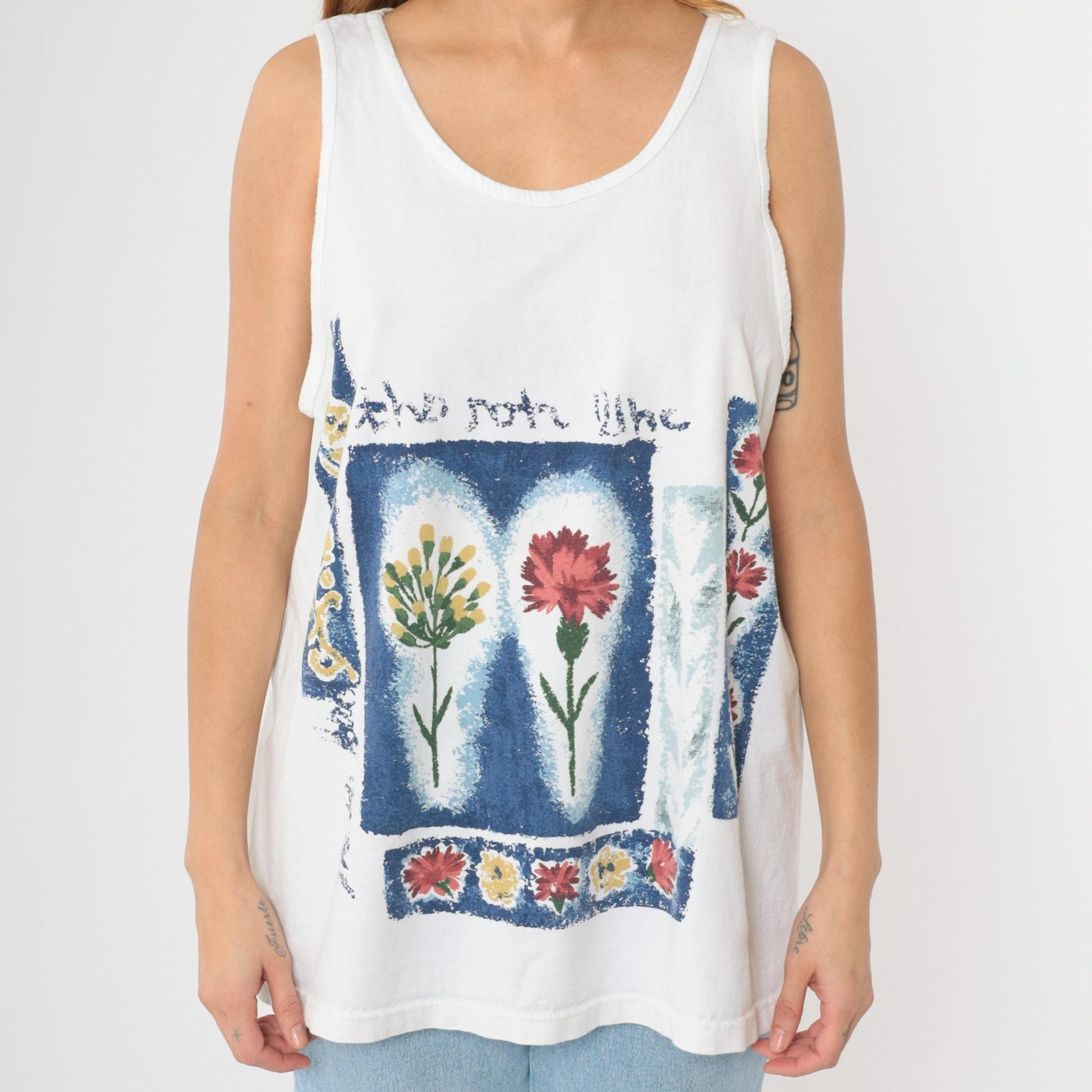 90s Floral Scoop Neck Tank Top White Botanical Graphic Large L