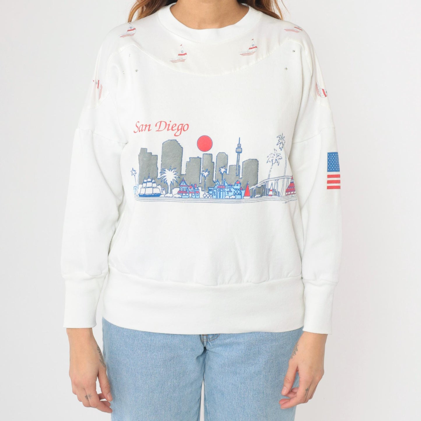 90s San Diego Nautical Sailboat Sweatshirt White Glitter Rhinestone Medium