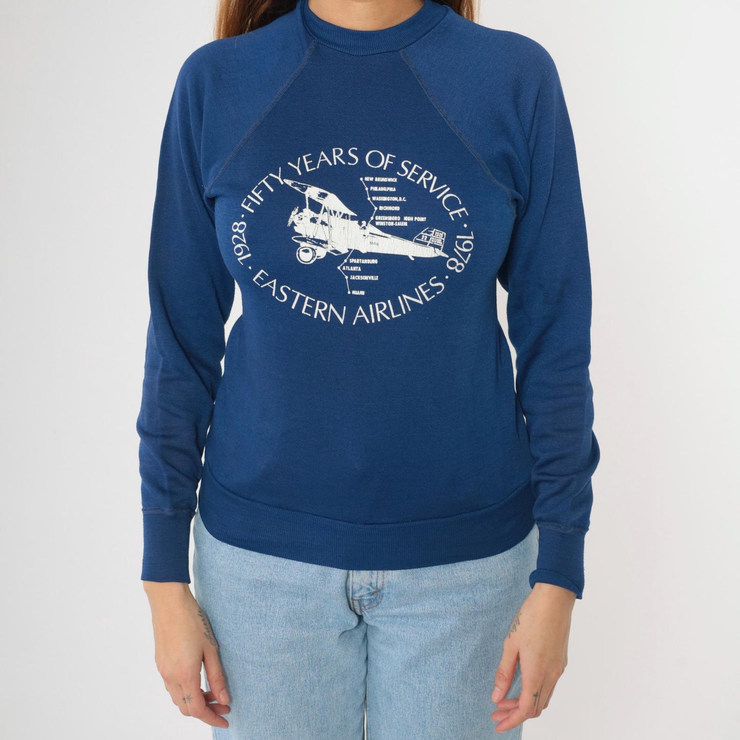 70s Eastern Airlines Sweatshirt Blue Airplane Graphic Raglan Crewneck Extra Small