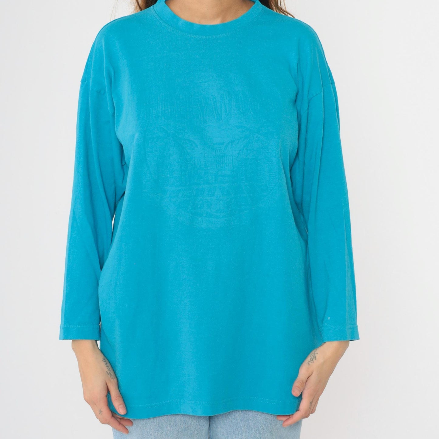 90s Hollywood Los Angeles Embossed Graphic Long Sleeve Tee Turquoise Extra Large XL
