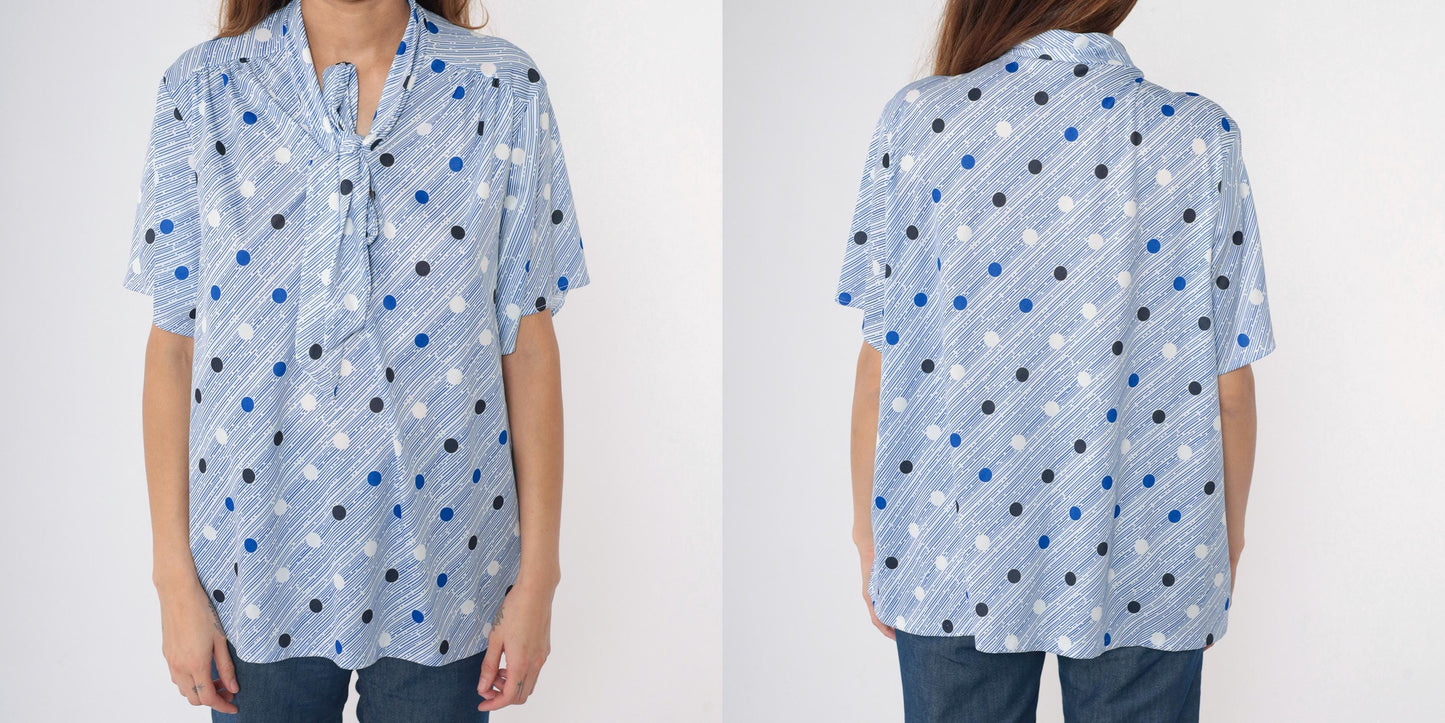 80s Tiger Lily Polka Dot Ascot Blouse Blue White Striped Short Sleeve Extra Large