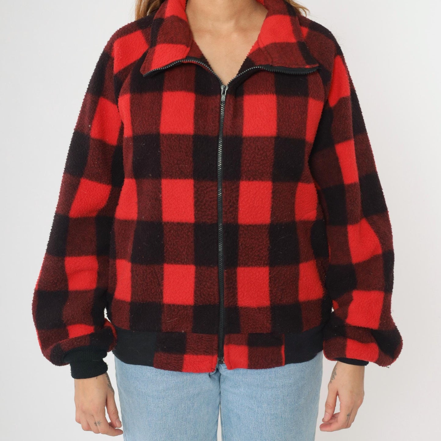 90s Buffalo Plaid Polar Fleece Zip Jacket Red Black Check Medium
