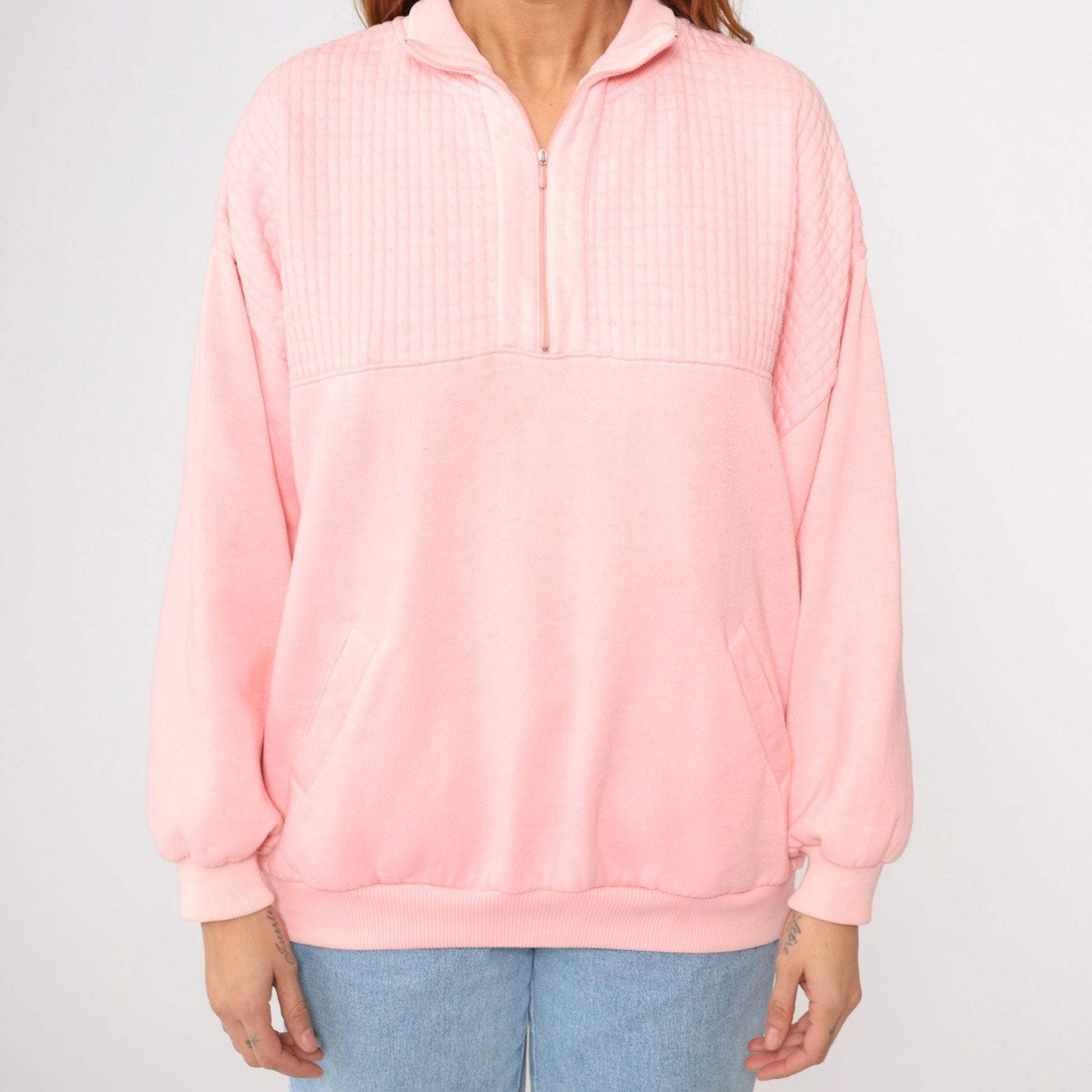 90s Pink Quarter Zip Sweatshirt Collared Pullover Blank Extra Large XL