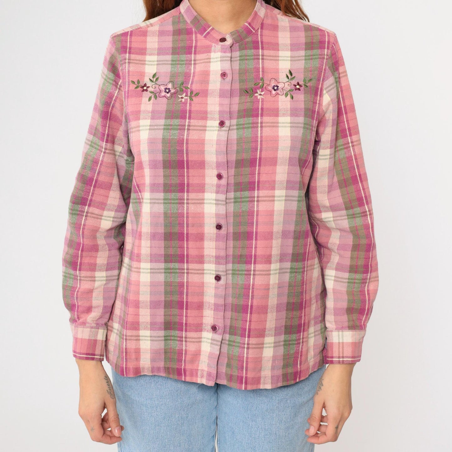 Y2K Blair Pink Plaid Floral Embroidered Button-Up Blouse Cotton Medium