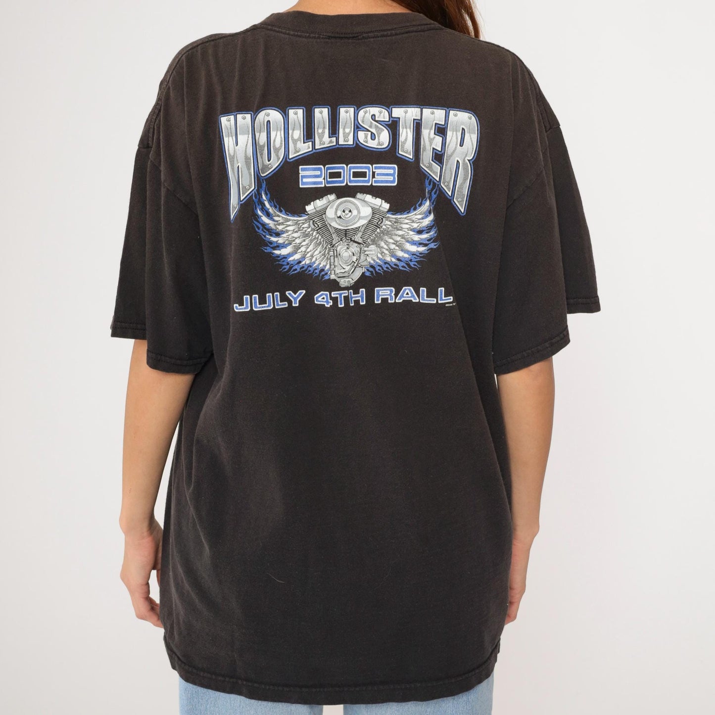 2003 Hollister July 4th Biker Rally T-Shirt Flame Winged Engine Black Graphic Extra Large XL