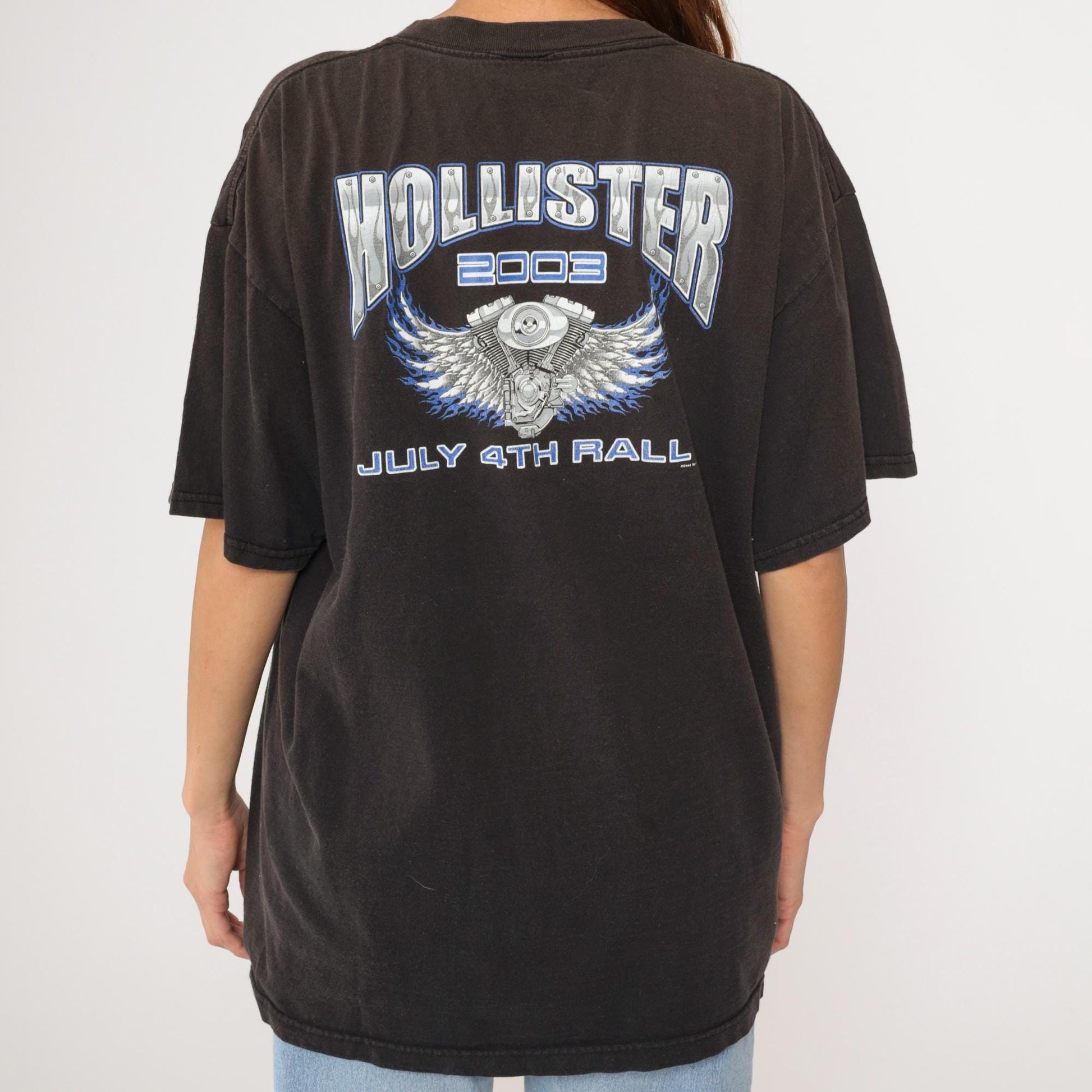2003 Hollister July 4th Biker Rally T-Shirt Flame Winged Engine Black Graphic Extra Large XL