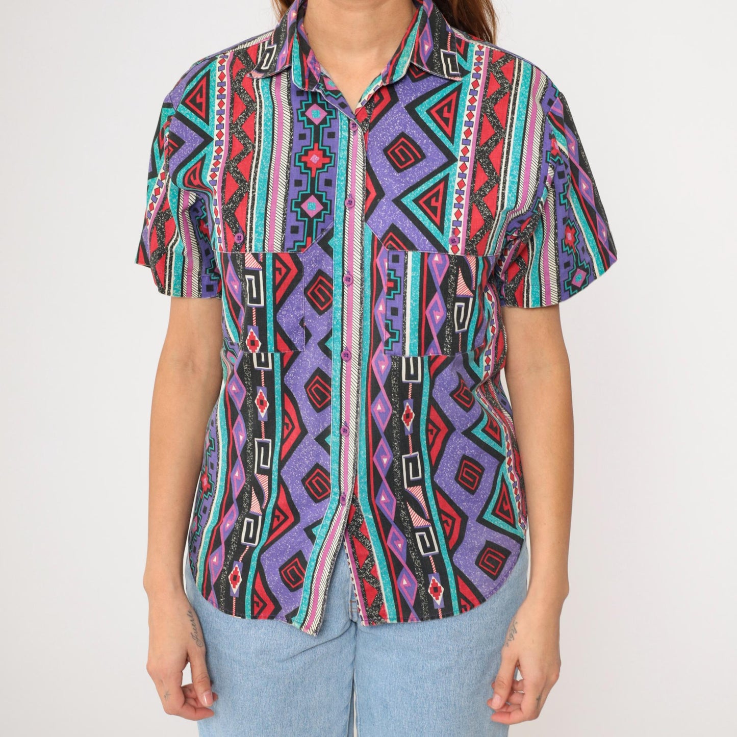 90s Wrangler Southwestern Striped Button-Up Shirt Purple Short Sleeve Small