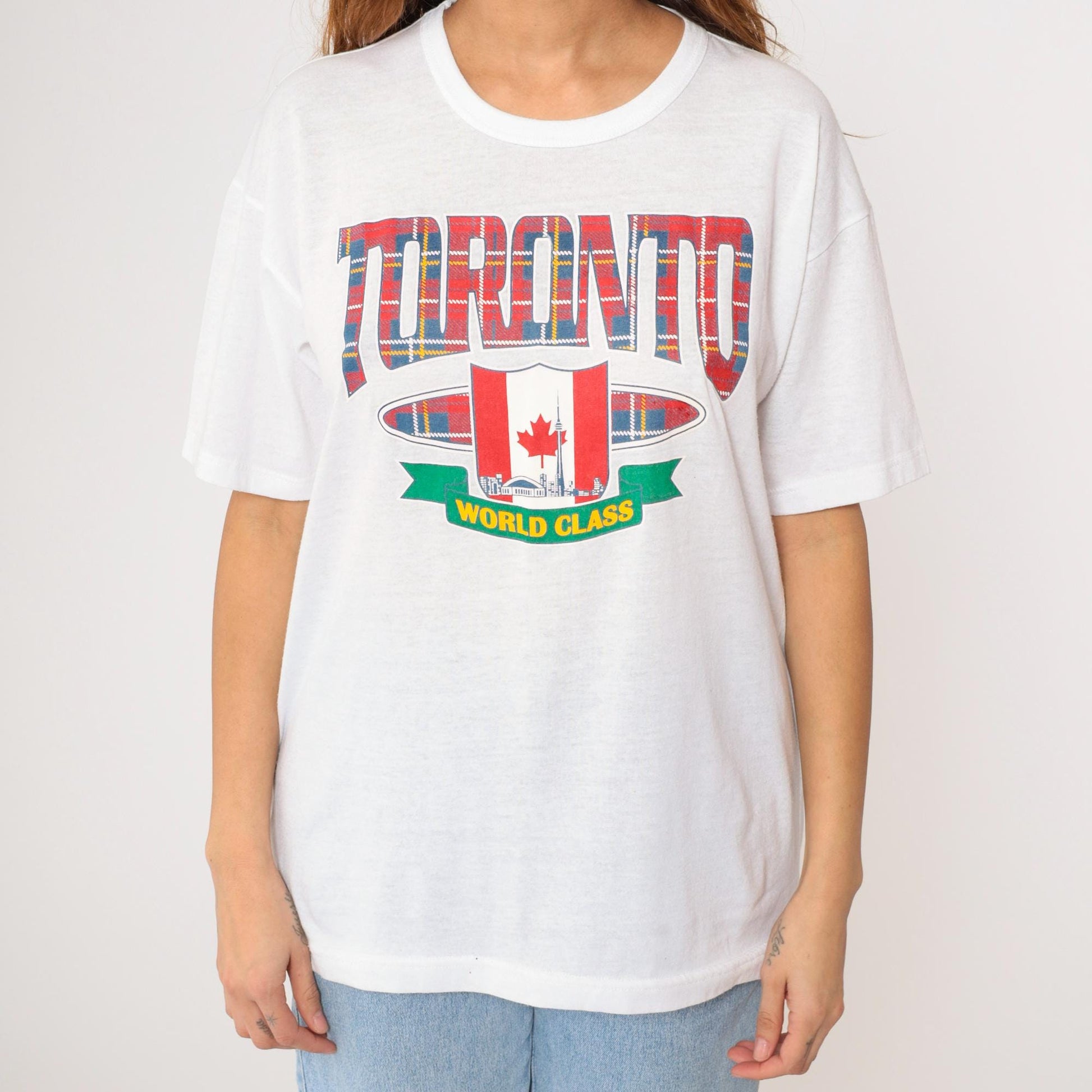 90s Toronto CN Tower Graphic T-Shirt White Canada Travel Tee Large L