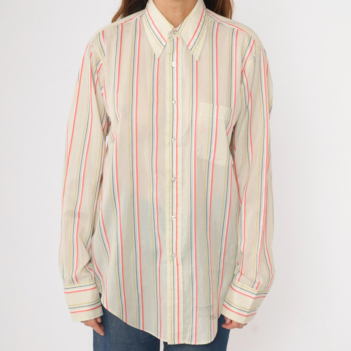 70s Arrow Collar Striped Button-Up Shirt Pointed Collar Coral Yellow Blue Medium