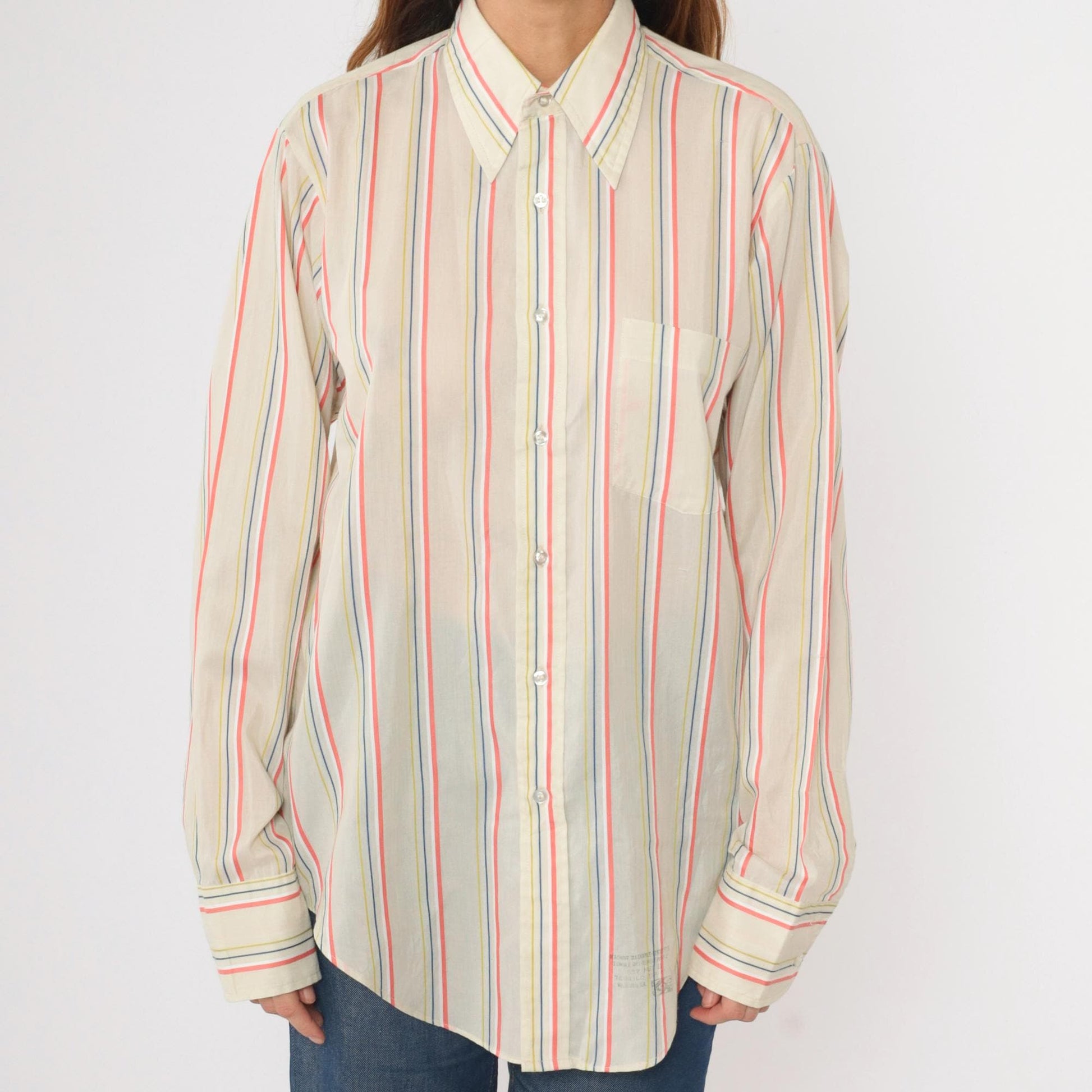 70s Arrow Collar Striped Button-Up Shirt Pointed Collar Coral Yellow Blue Medium
