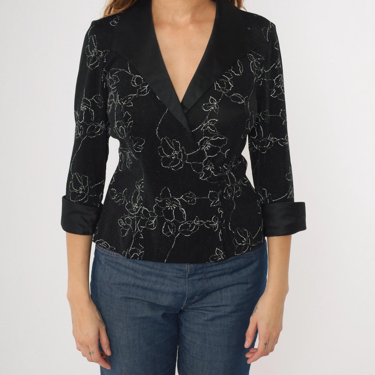90s Alex Evenings Metallic Floral Wrap Blouse Black Silver Satin Collar Small