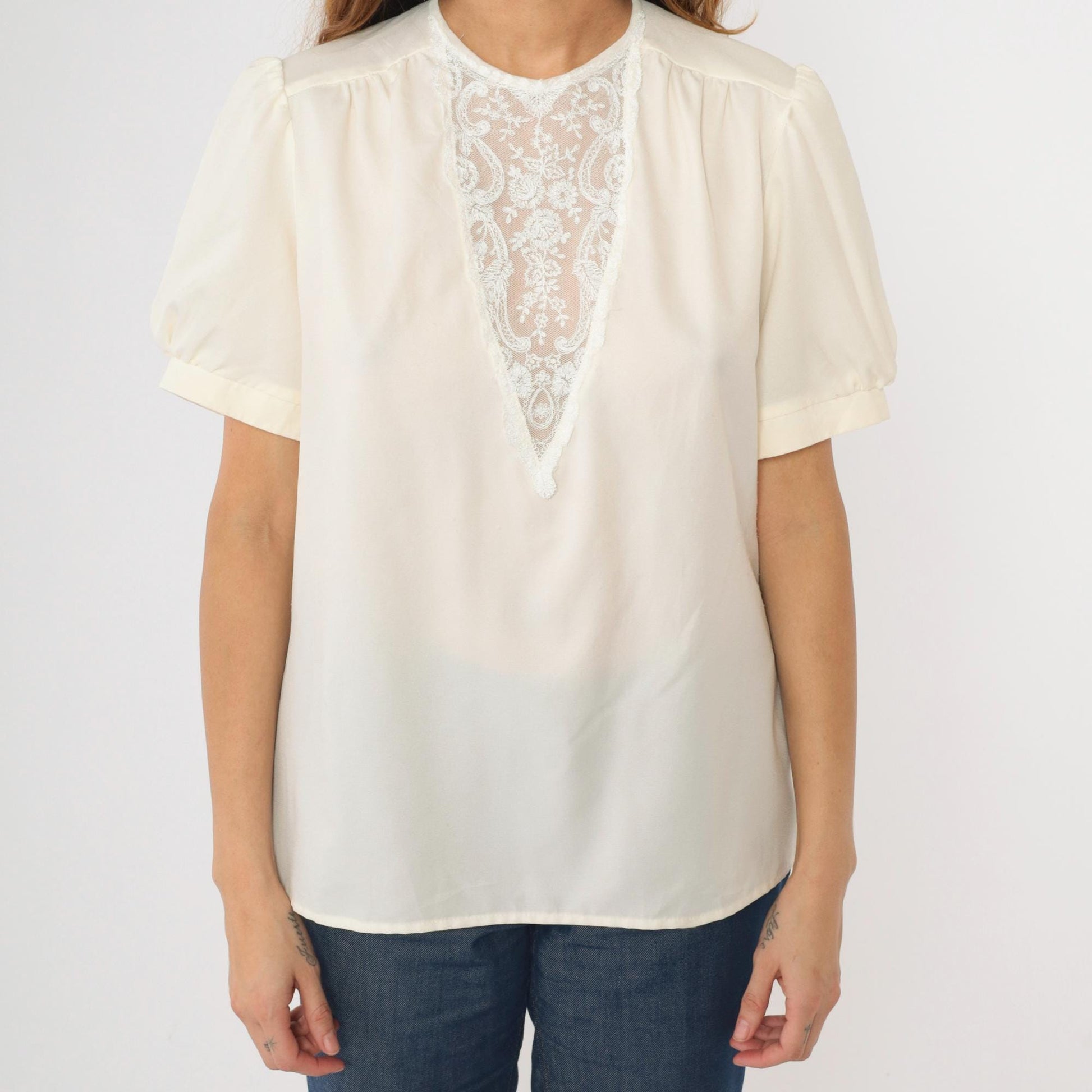 70s Victorian Cream Blouse Embroidered Lace Yoke Puff Sleeve Medium M