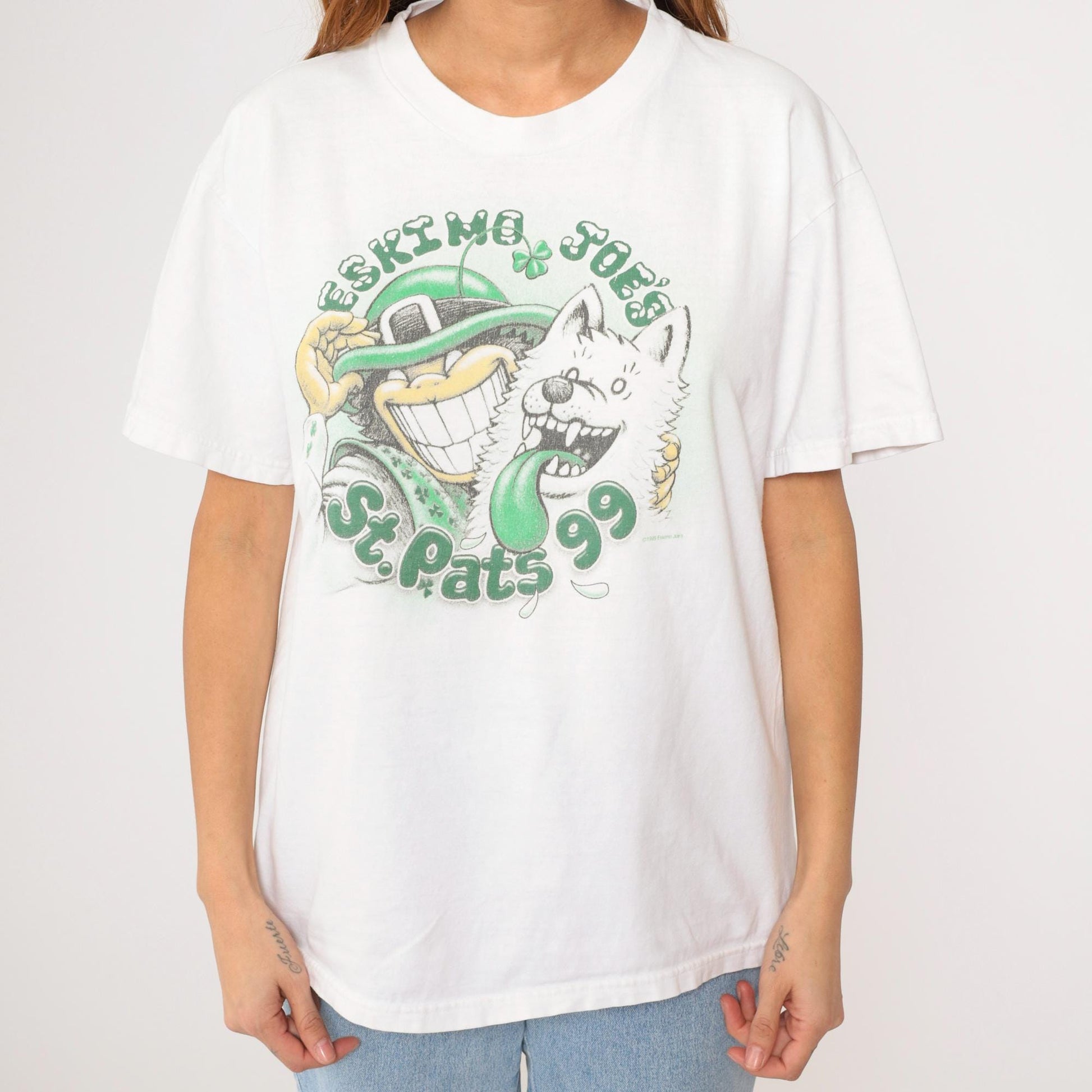 90s Eskimo Joe's St. Patrick's Day T-Shirt Green Graphic Dog Shamrock Stillwater Large L