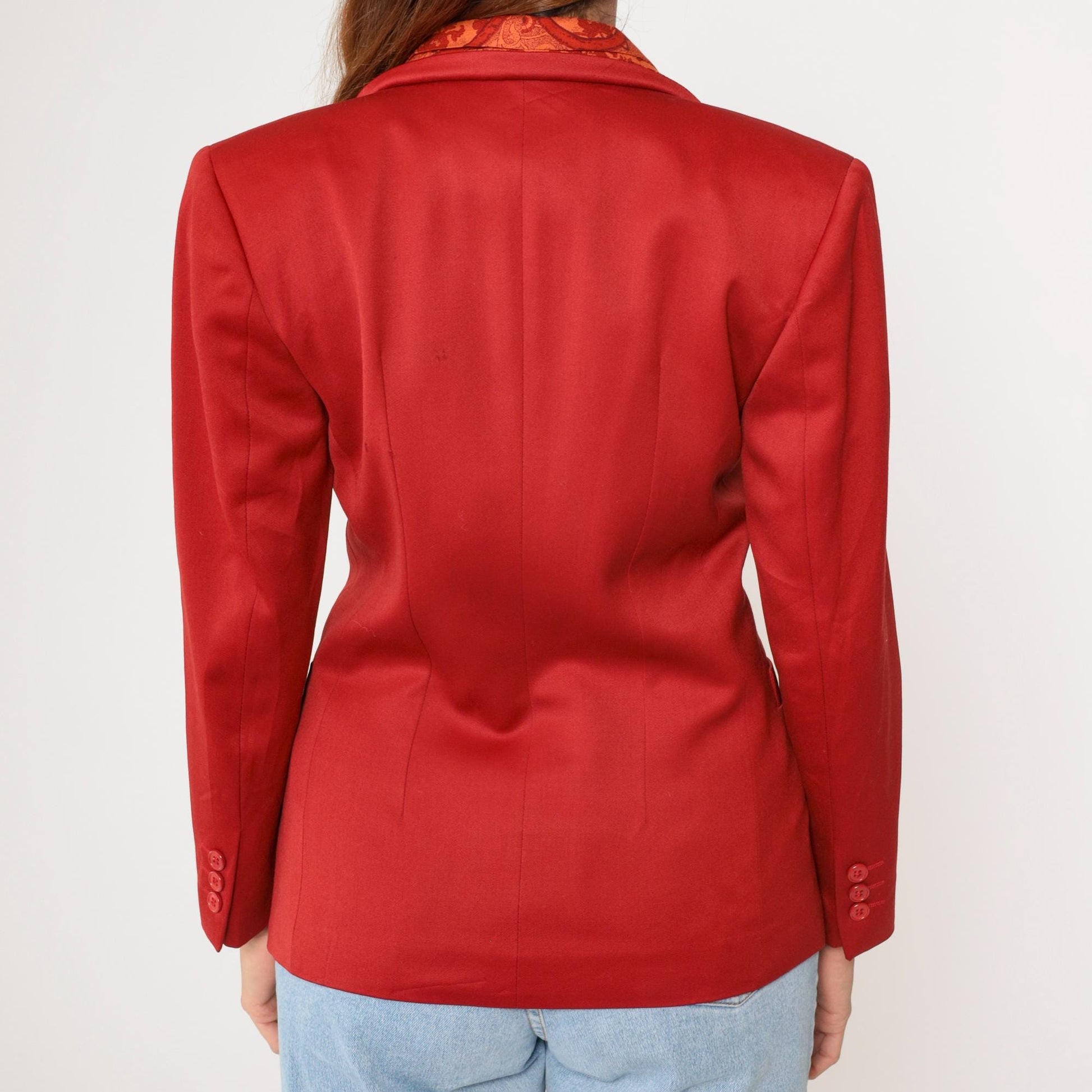 90s Byblos Red Wool Blazer Paisley Shawl Collar Double Breasted Small