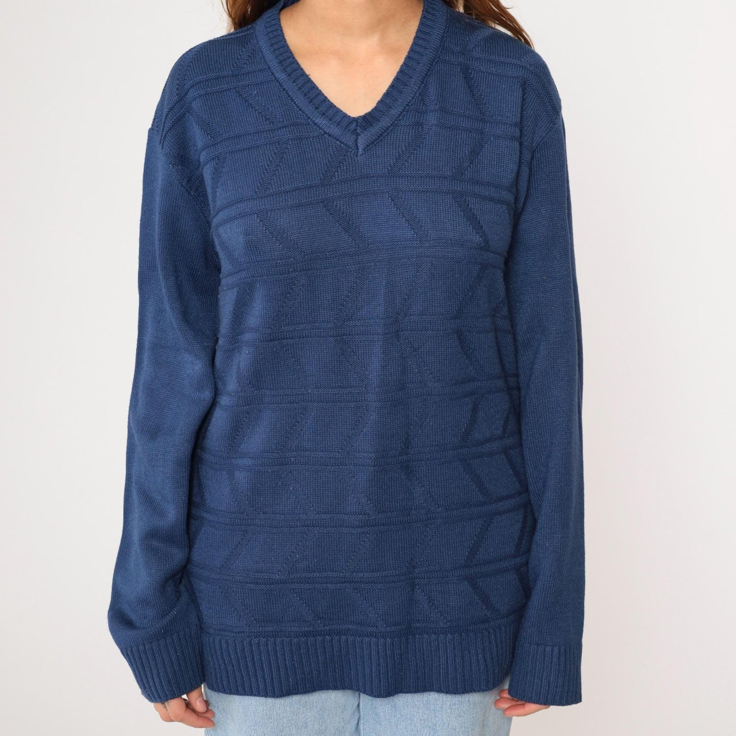 80s Dark Blue Geometric Knit V-Neck Pullover Sweater Tricot Medium M