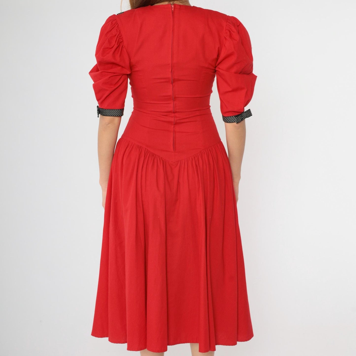 80s Red Nautical Sailor Collar Puff Sleeve Midi Dress Polka Dot Bow Small