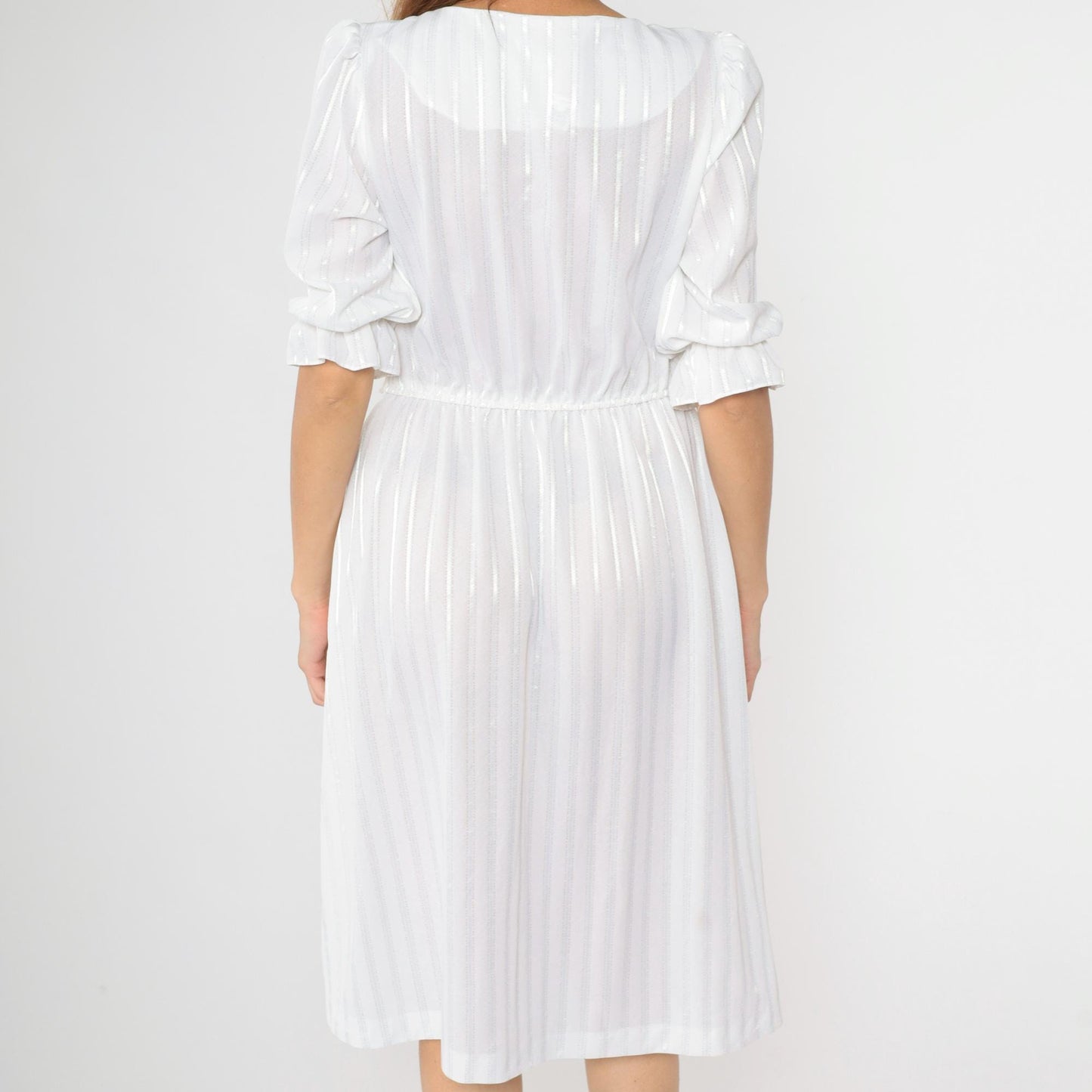 80s White Striped Midi Dress Puff Sleeve High Waist Semi-Sheer Medium M