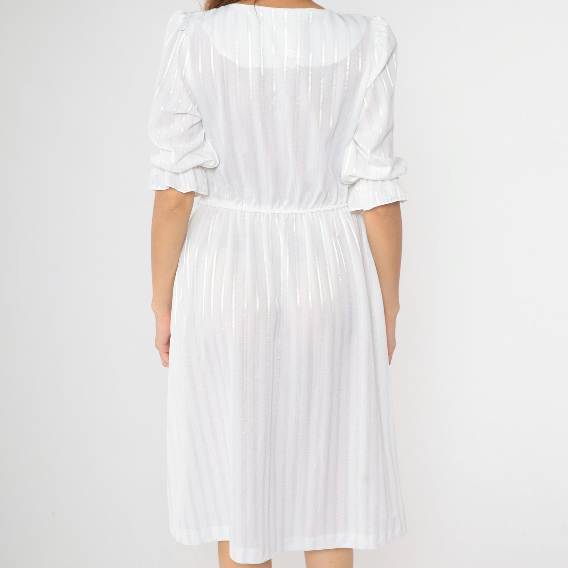 80s White Striped Midi Dress Puff Sleeve High Waist Semi-Sheer Medium M