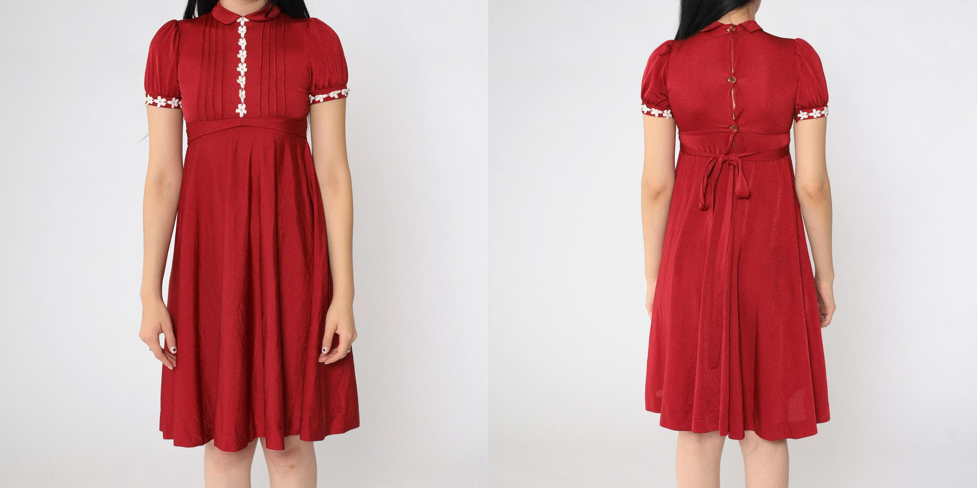 70s Red Babydoll Mini Dress Peter Pan Collar Puff Sleeve Lace Trim XXS