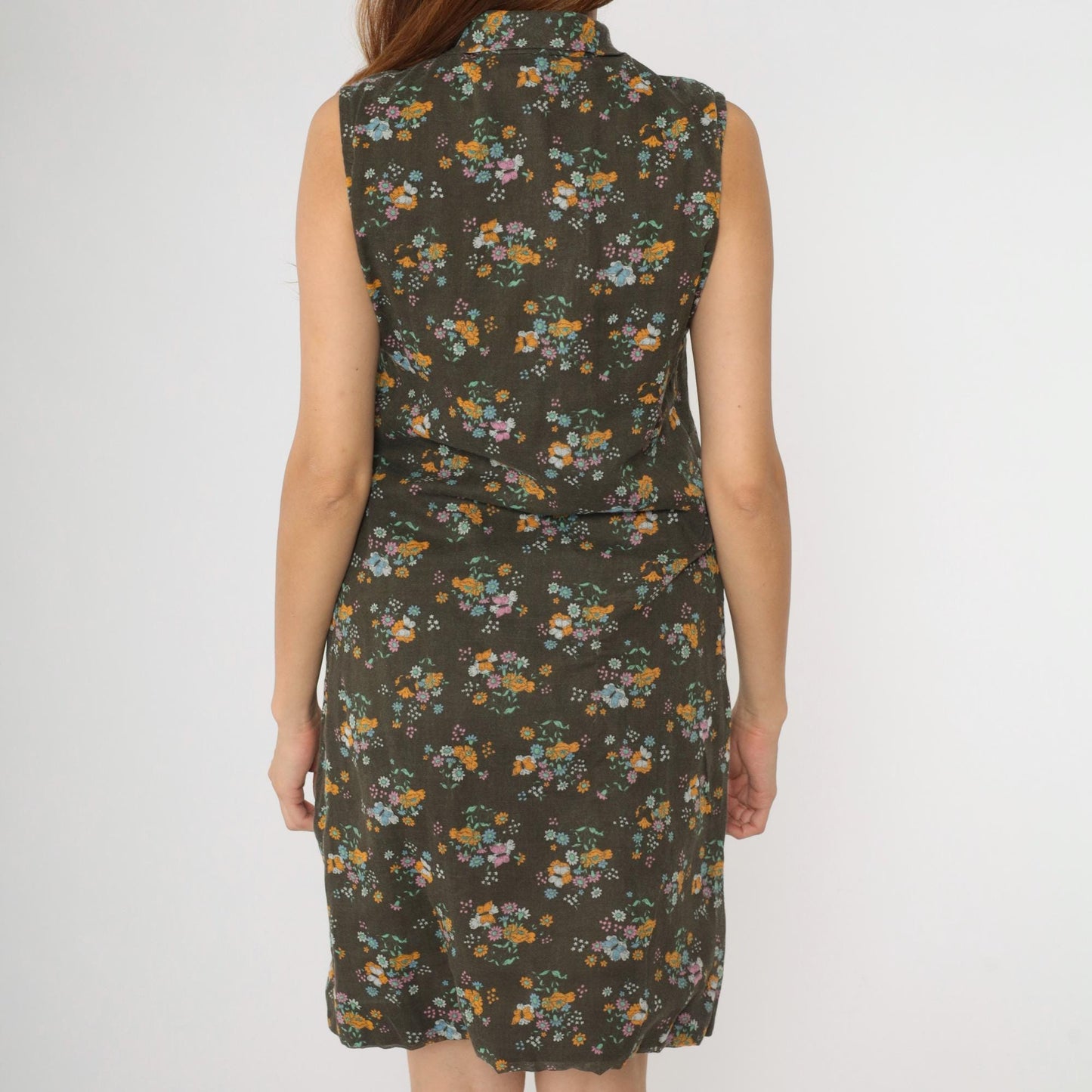 1960s Brown Floral Butterfly Shift Dress Sleeveless Button-Up Small