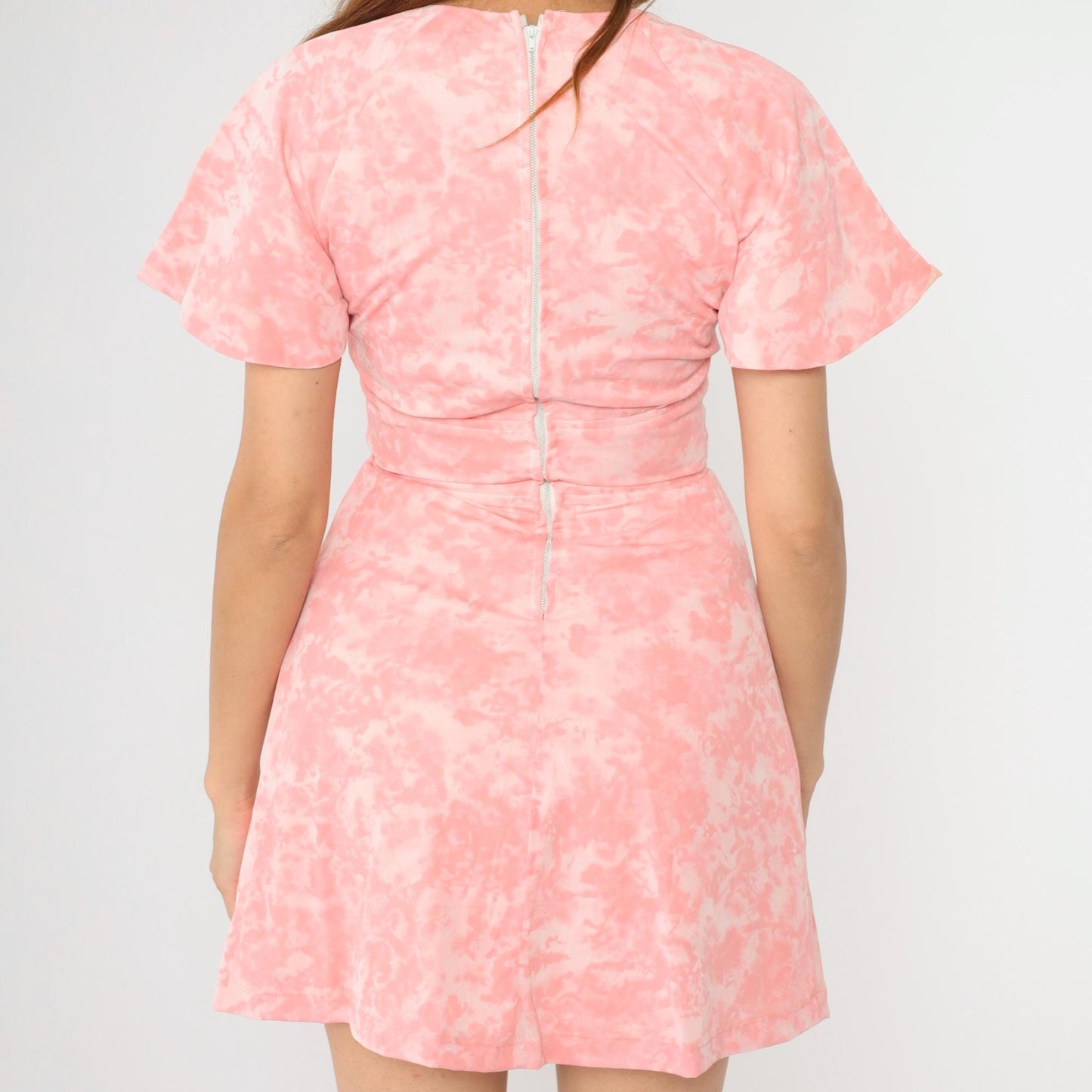 60s Pink Tie Dye Babydoll Mini Dress Flutter Sleeve Empire Waist Small