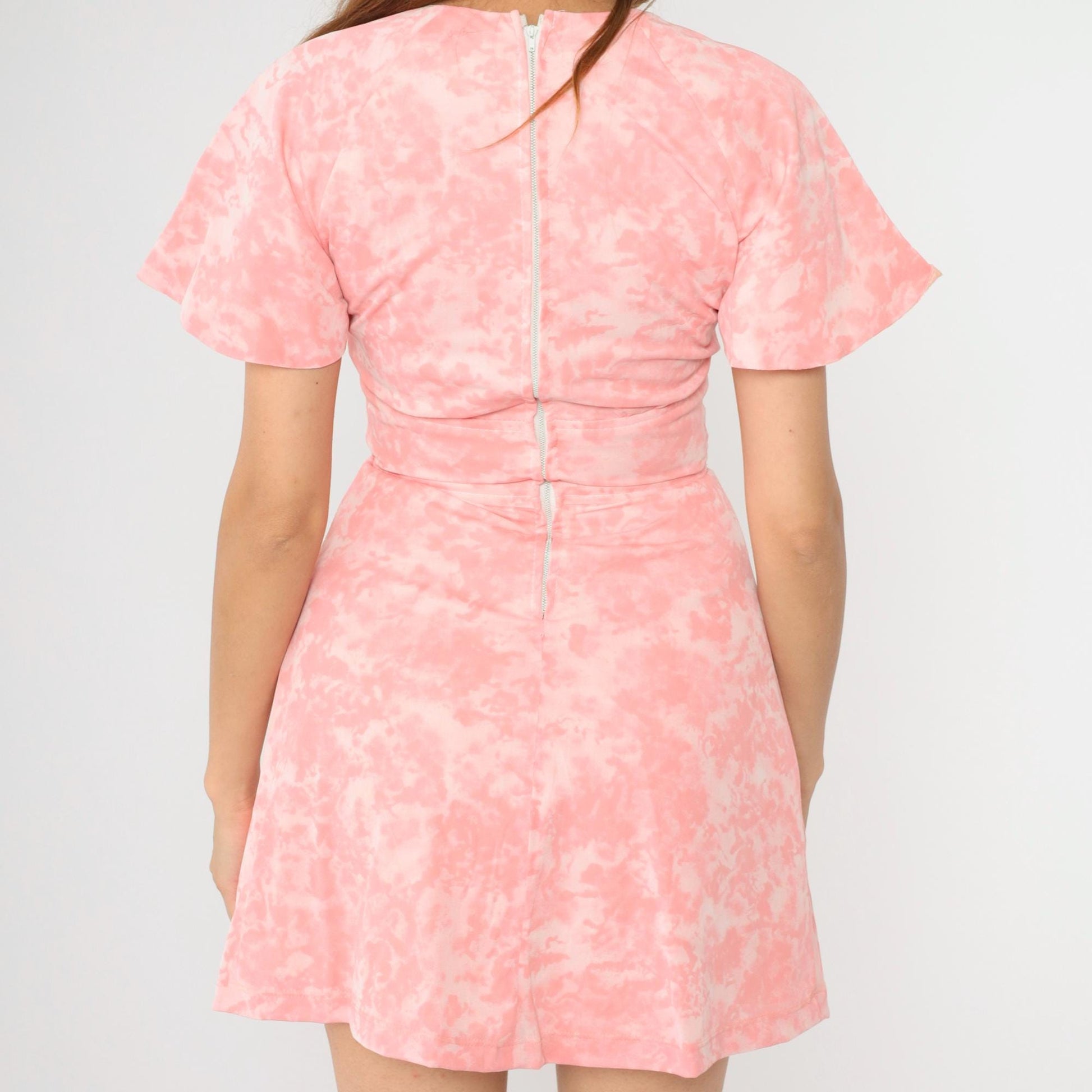 60s Pink Tie Dye Babydoll Mini Dress Flutter Sleeve Empire Waist Small