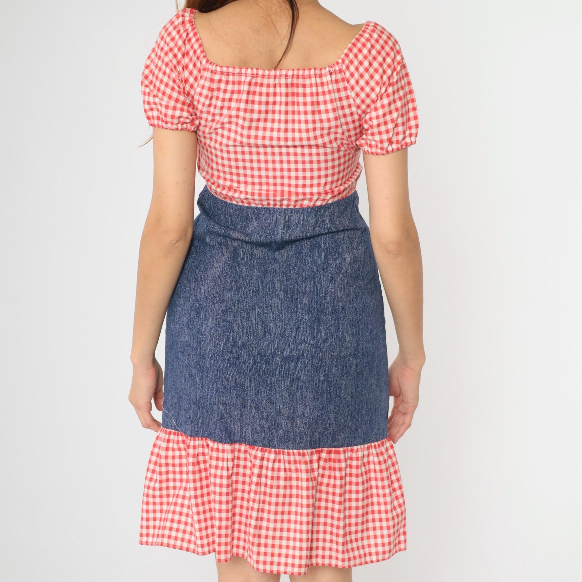 70s Red Gingham Peasant Dress Puff Sleeve Mini Chambray Skirt 2XS