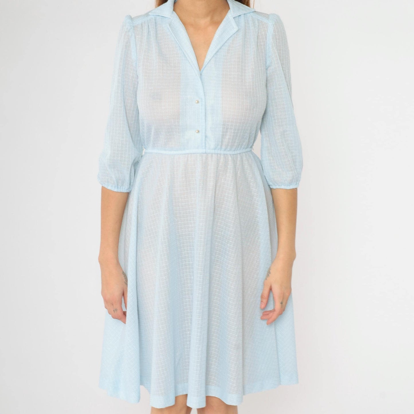 70s Light Blue Sheer Midi Dress Puff Sleeve Button Front Grid Pattern Small