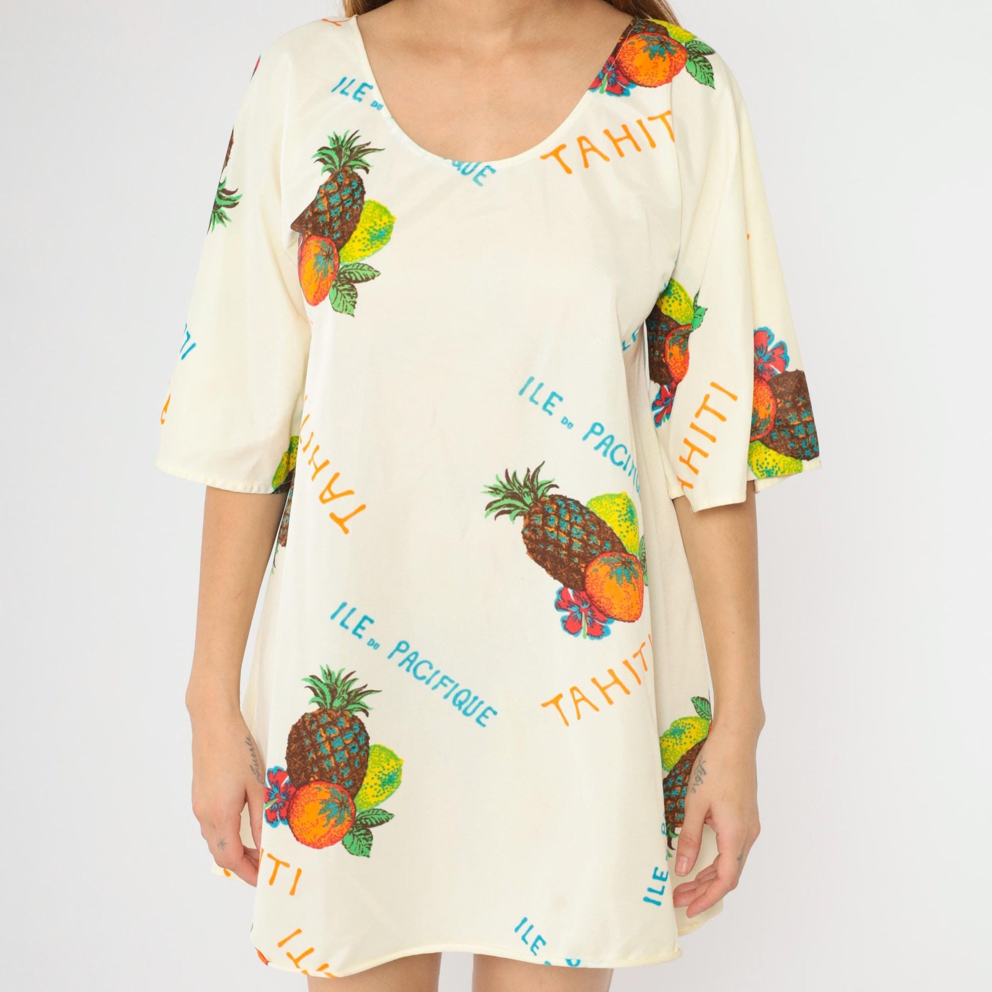70s Zenith Loungewear Tropical Print Shift Dress Cream Bell Sleeve Medium M